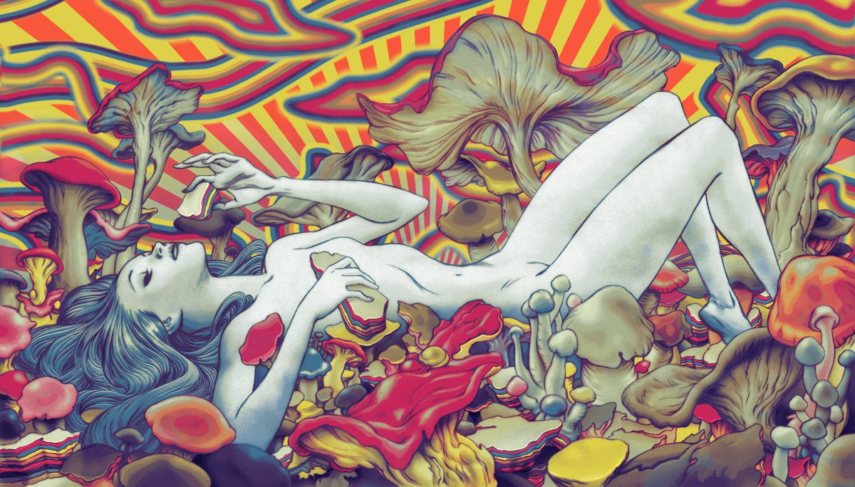 Donna psichedelica tra funghi colorati, 1200x684 HD, Notebook