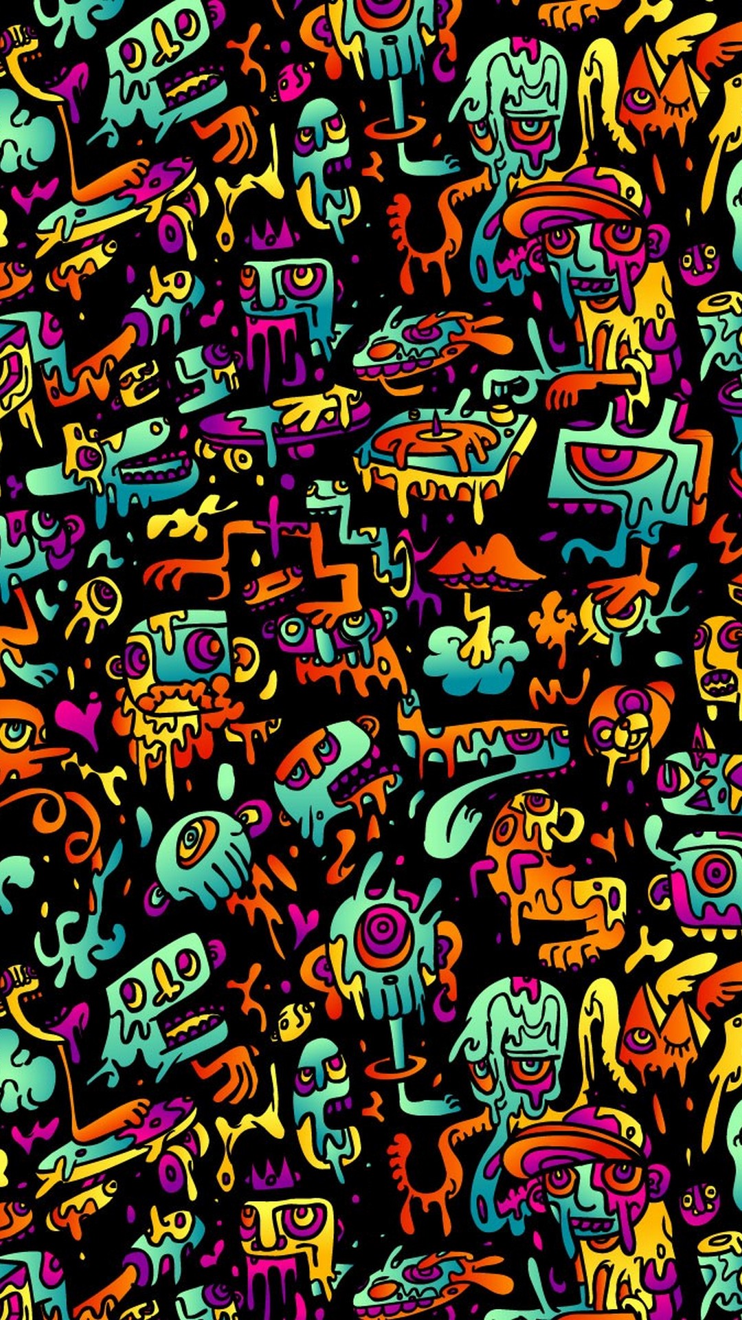 Mostri psichedelici colorati doodle, 1080x1920 Verticale, Telefono