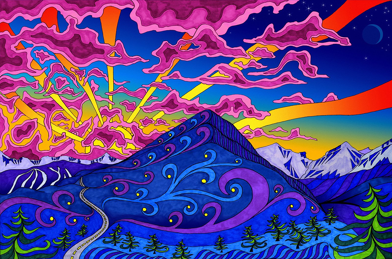 Montagna psichedelica con spirali colorate, 1599x1059 HD, Desktop