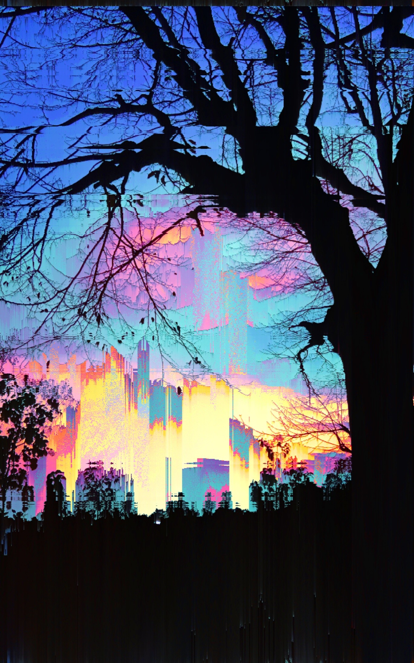 Skyline glitch psichedelico con albero, 1368x2190 Verticale, Telefono