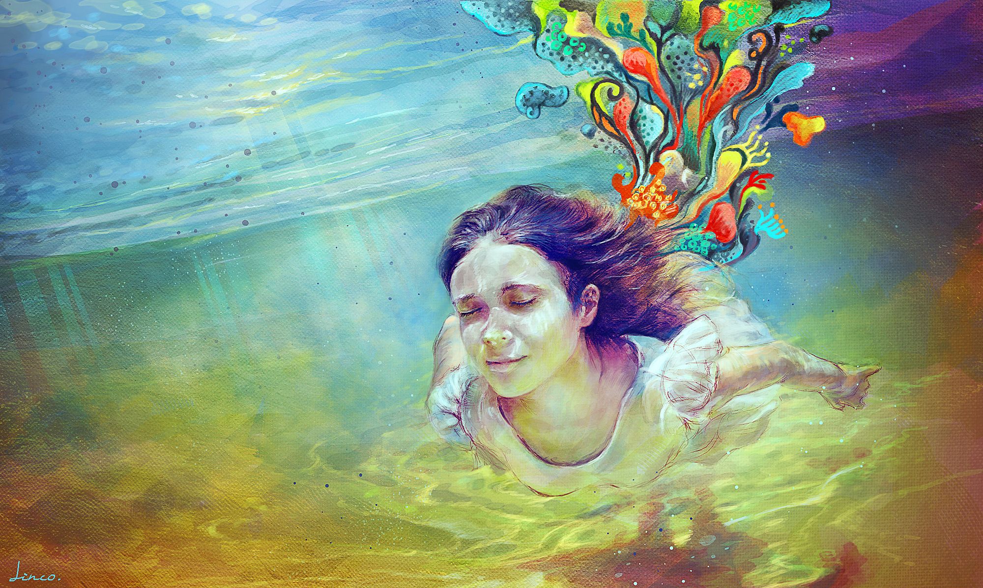 donna subacquea capelli colorati, 2000x1197 alta risoluzione, Laptop