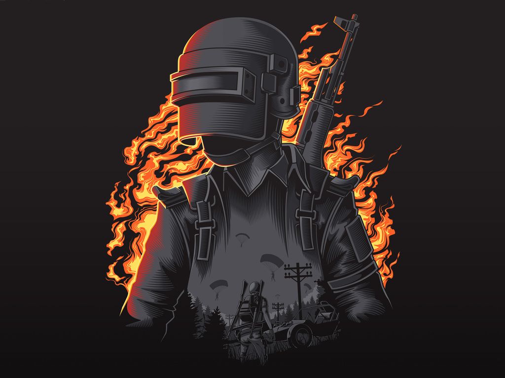 PUBG casco fiamme illustrazione, 1024x768 HD, Laptop