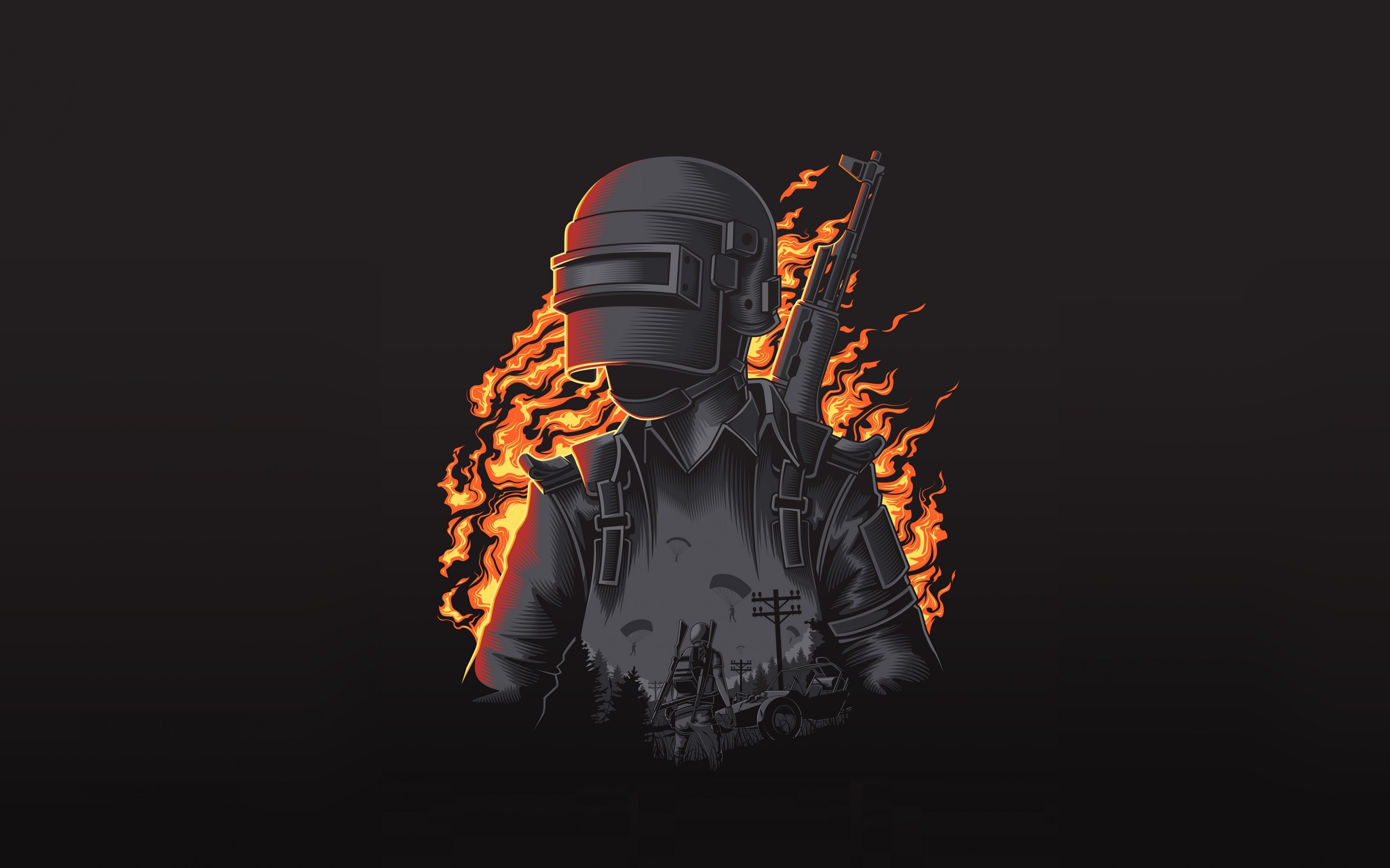 Personaggio PUBG con casco fiamme, 3840x2400 Ultra HD, 4K TV