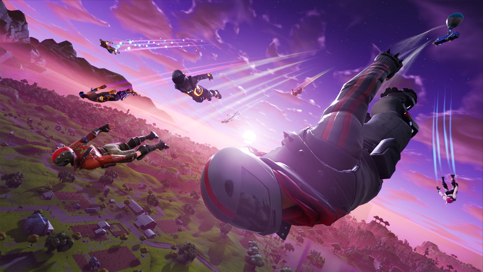 Fortnite paracadutisti cielo viola, 1920x1080 Full HD 1080p, PC Desktop
