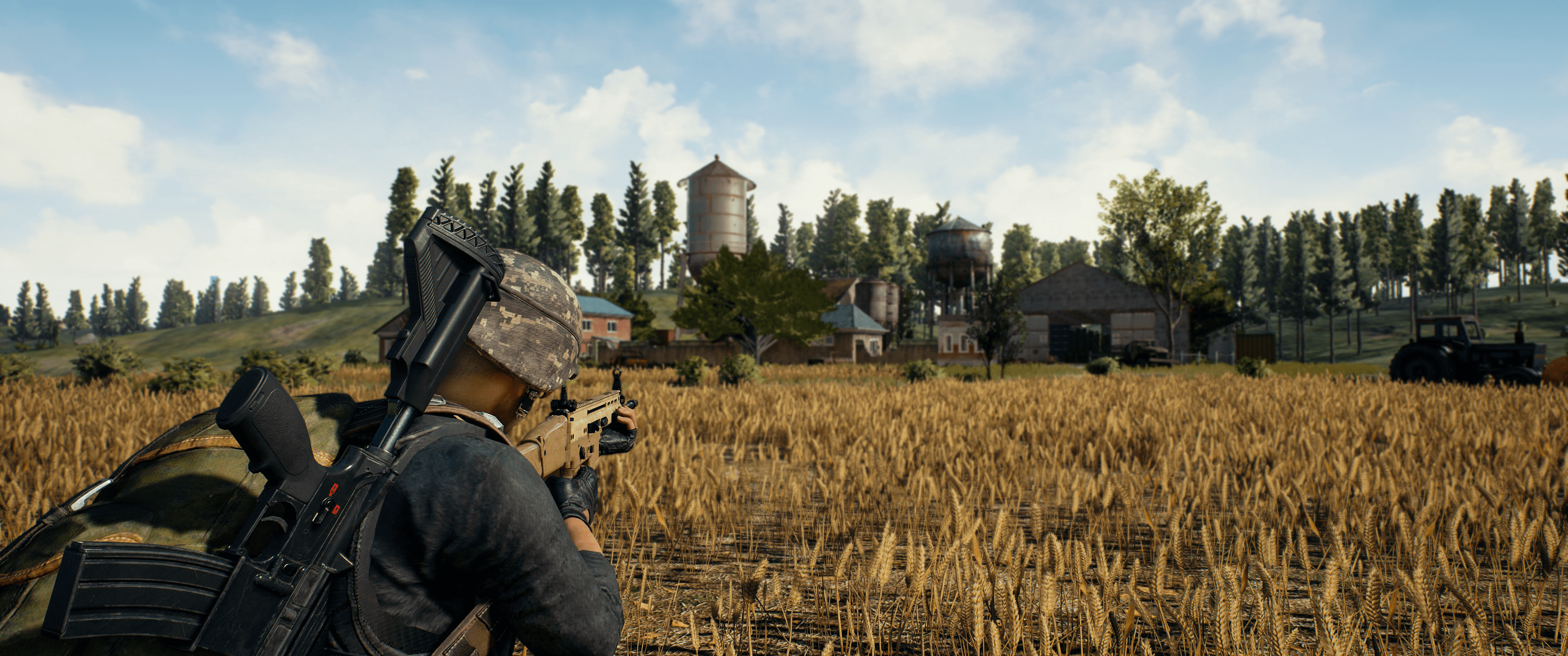 Personaggio PUBG in campo, battle royale, 3440x1440 Ultrawide, Dual Monitor