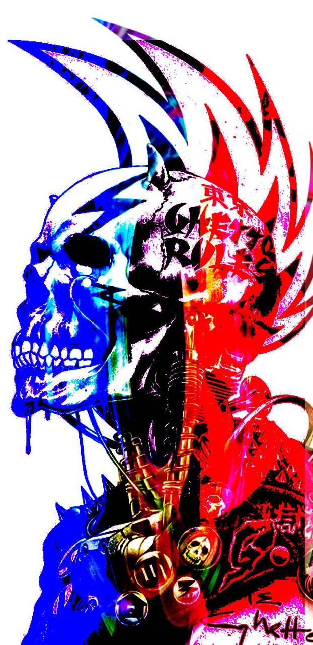 Teschio punk mohawk rosso blu, 622x1280 Verticale, Mobile