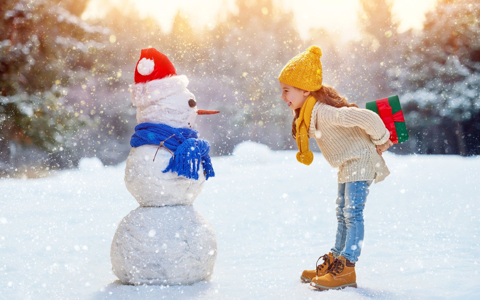 Bambina sorride a pupazzo di neve, 1920x1200 WUXGA, Desktop