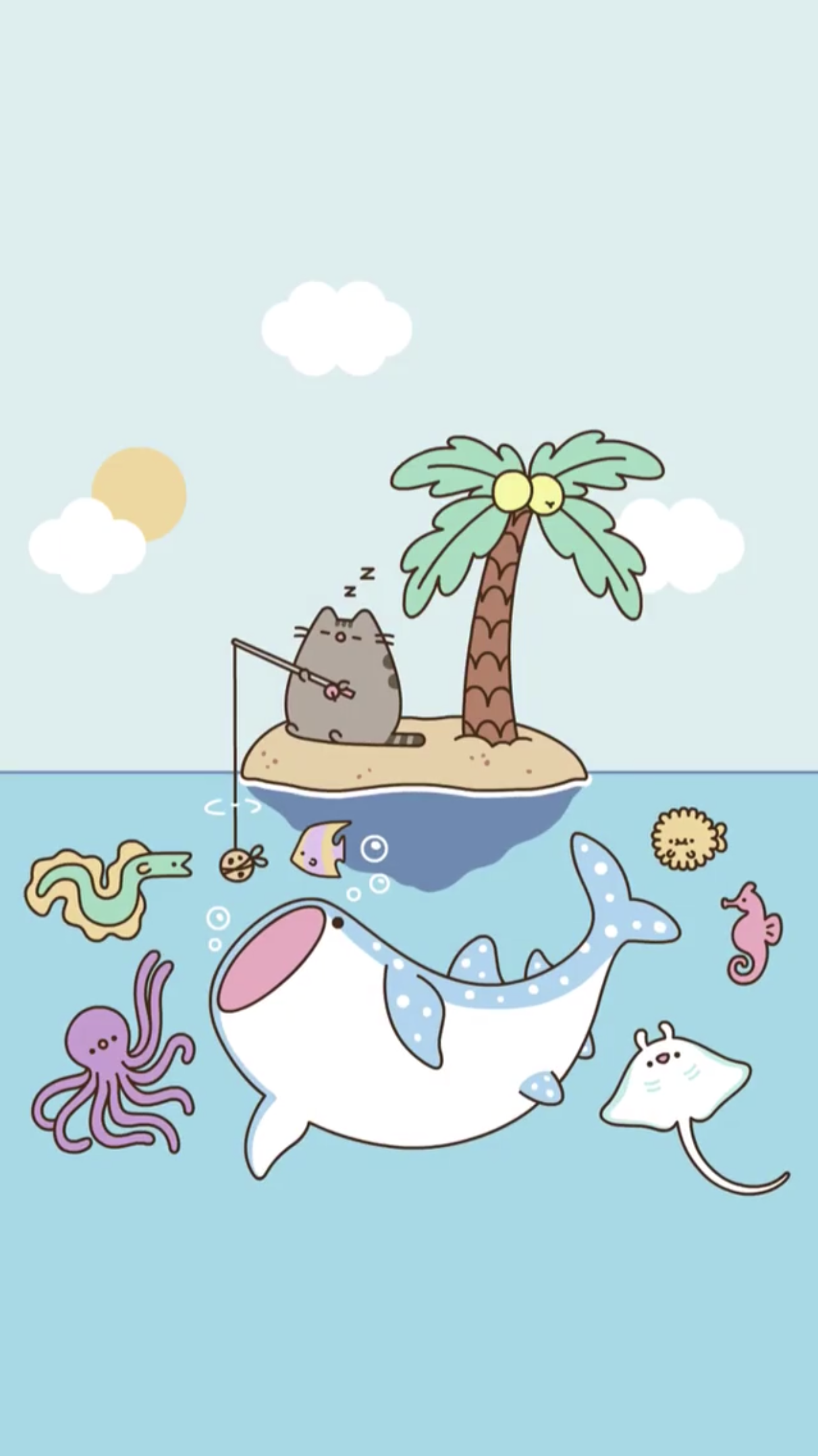 Pusheen gatto pesca isola, 1242x2208 Verticale, Telefono