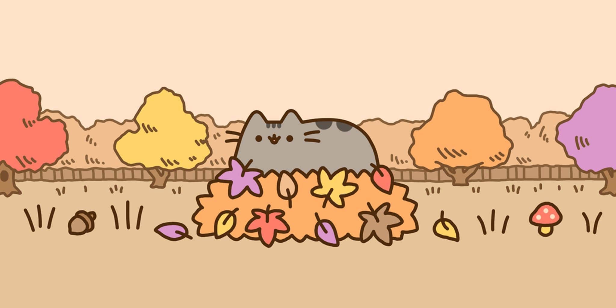 Pusheen gatto autunno foglie, 2048x1024 alta risoluzione, Desktop