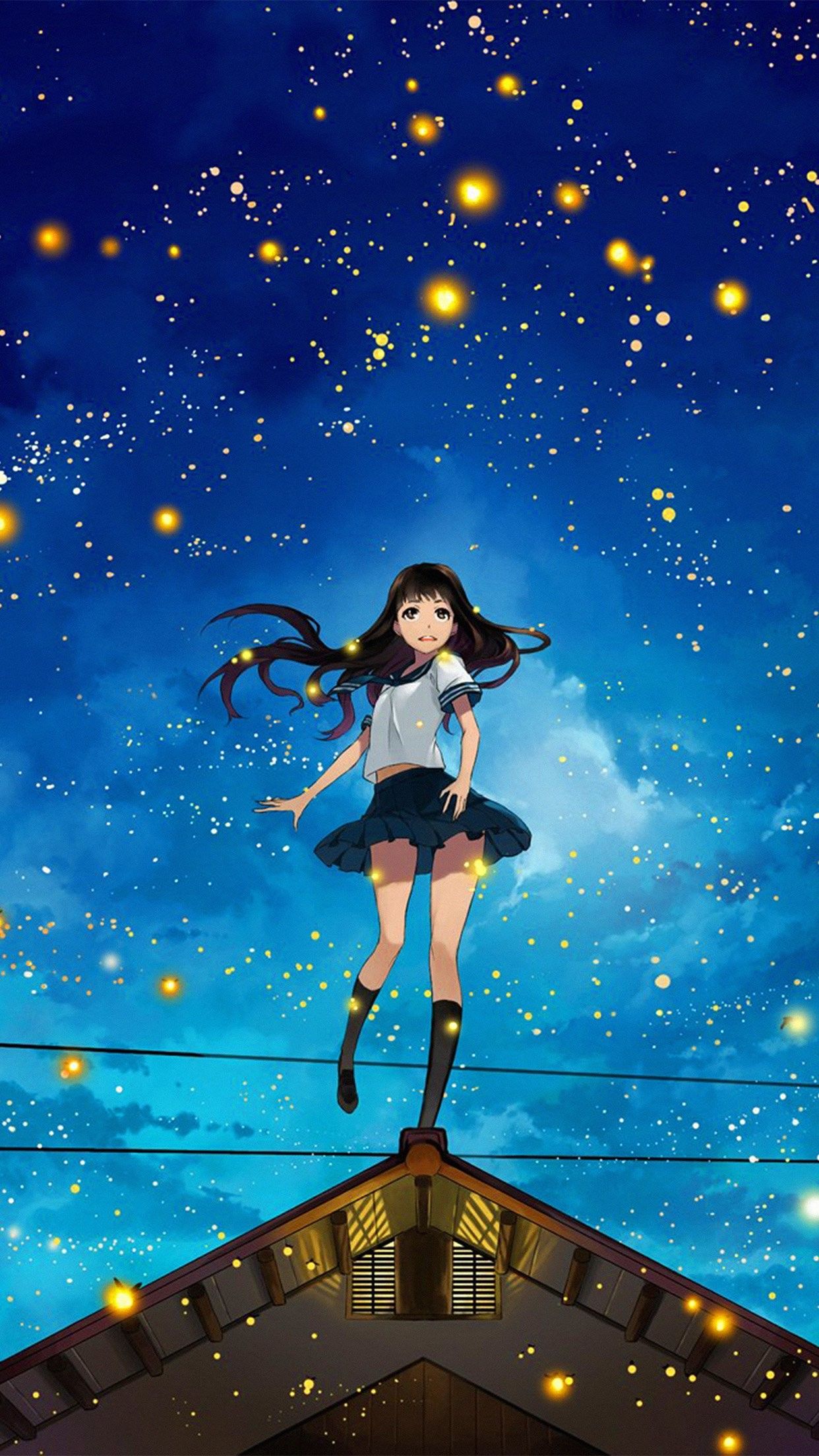 Ragazza anime su tetto stellato, 1242x2208 Verticale, Telefono