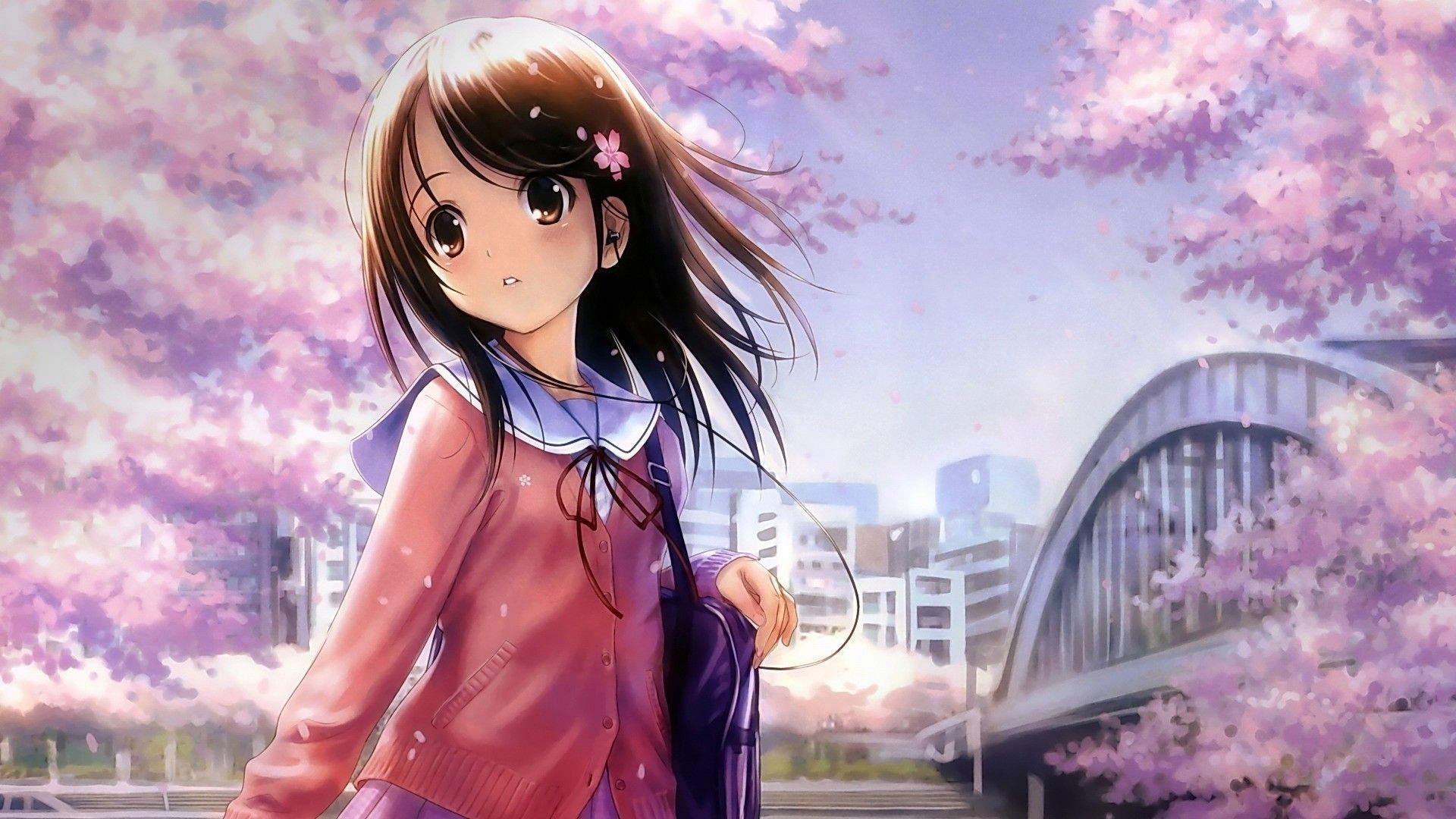 Ragazza anime con ciliegi in fiore, 1920x1080 1080p, Laptop