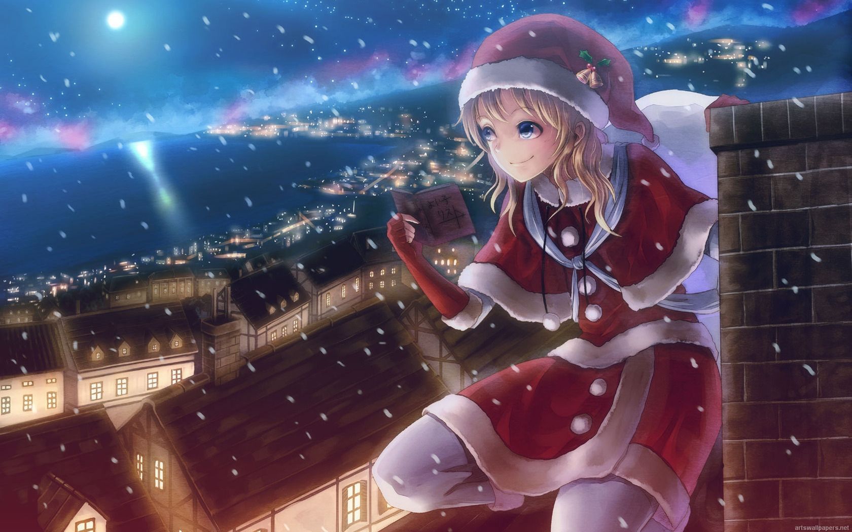 Ragazza anime natalizia su tetto, 1680x1050 900p, Laptop