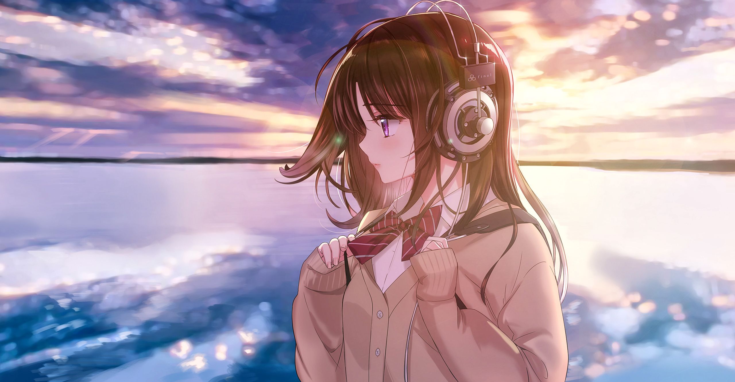 Ragazza anime con cuffie tramonto, 2560x1331 2K QHD, Monitor Gaming
