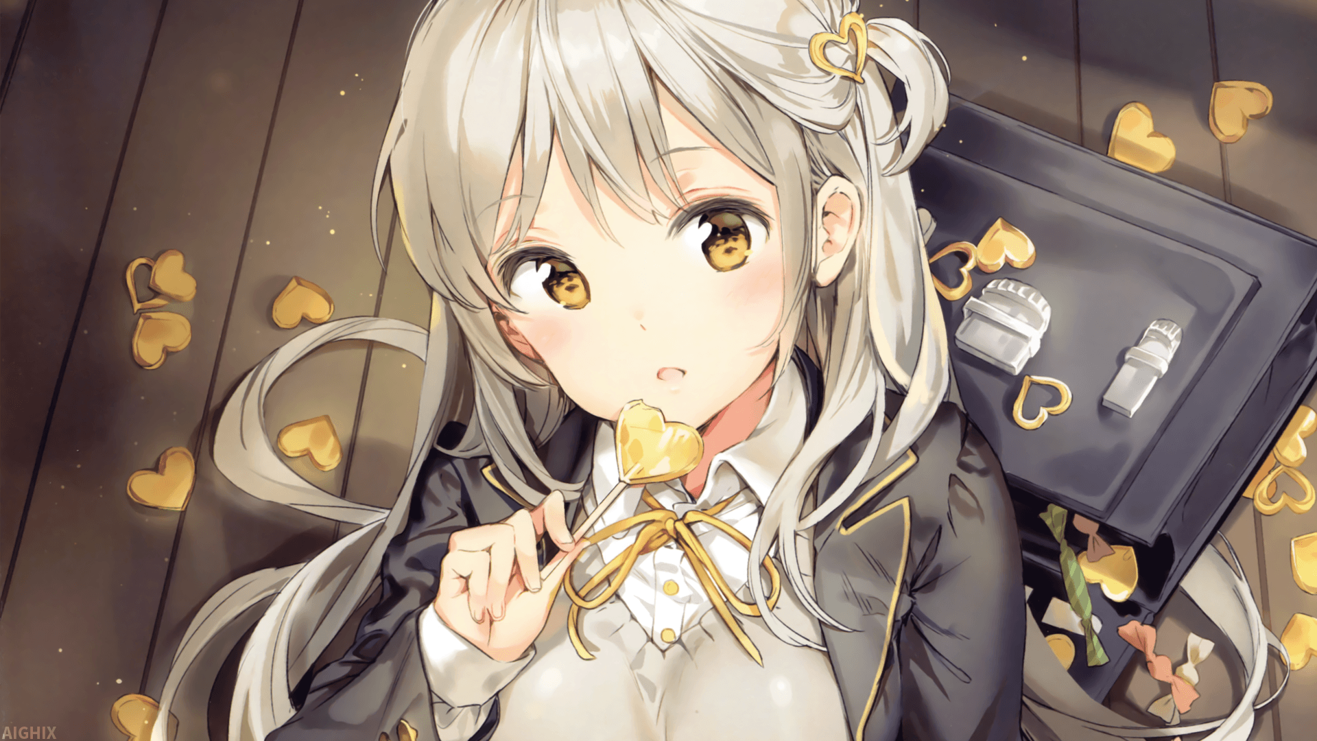 Ragazza anime capelli grigi cuori, 1920x1080 1080p, PC