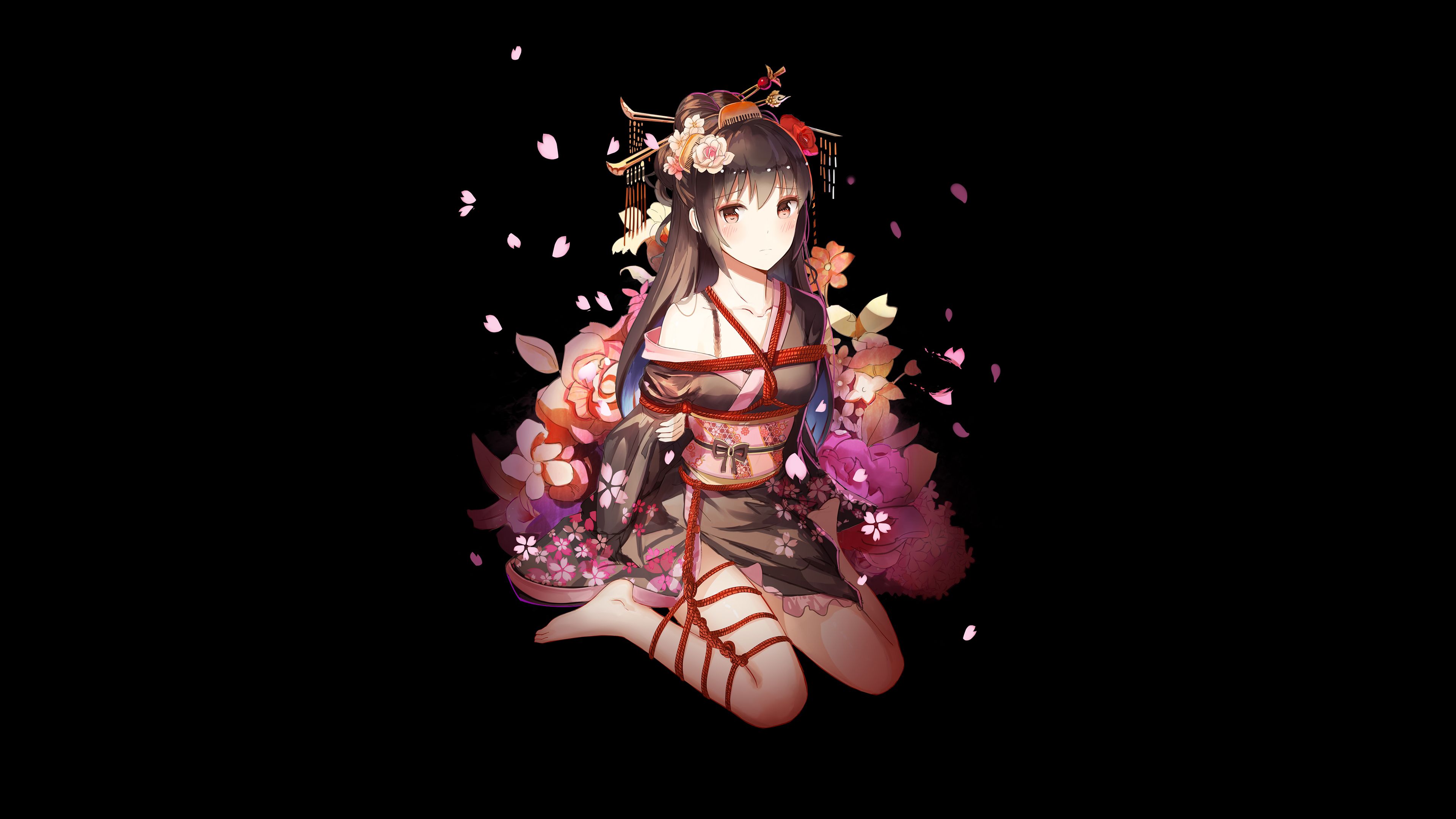 Ragazza anime kimono fiori, 3840x2160 Ultra HD, Monitor 4K