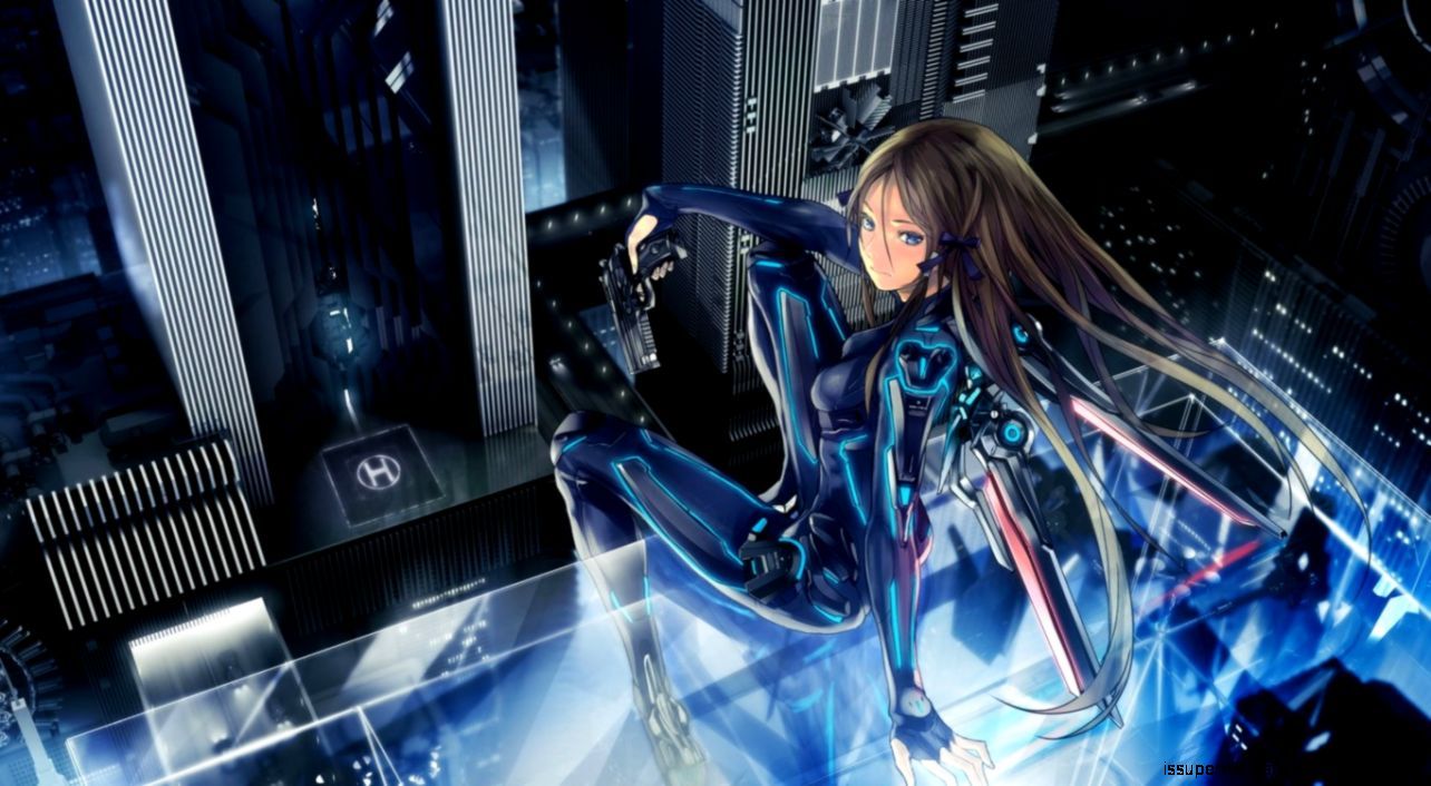 Ragazza anime cyberpunk blu, 1284x706 720p, Laptop