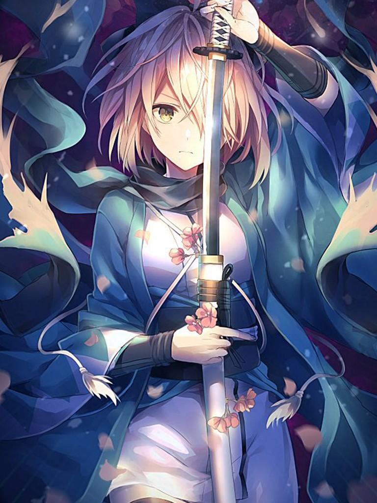 Ragazza anime con spada e kimono, 768x1024 Full HD Verticale, iPhone