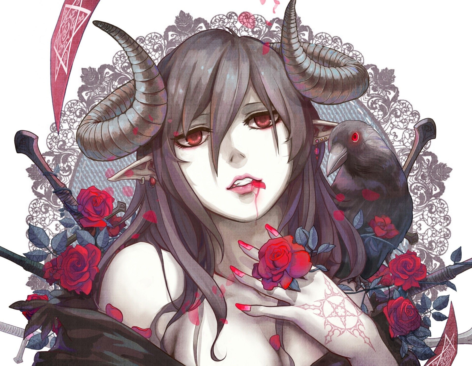 Ragazza demone con corna e rose, 1920x1488 WUXGA, Desktop
