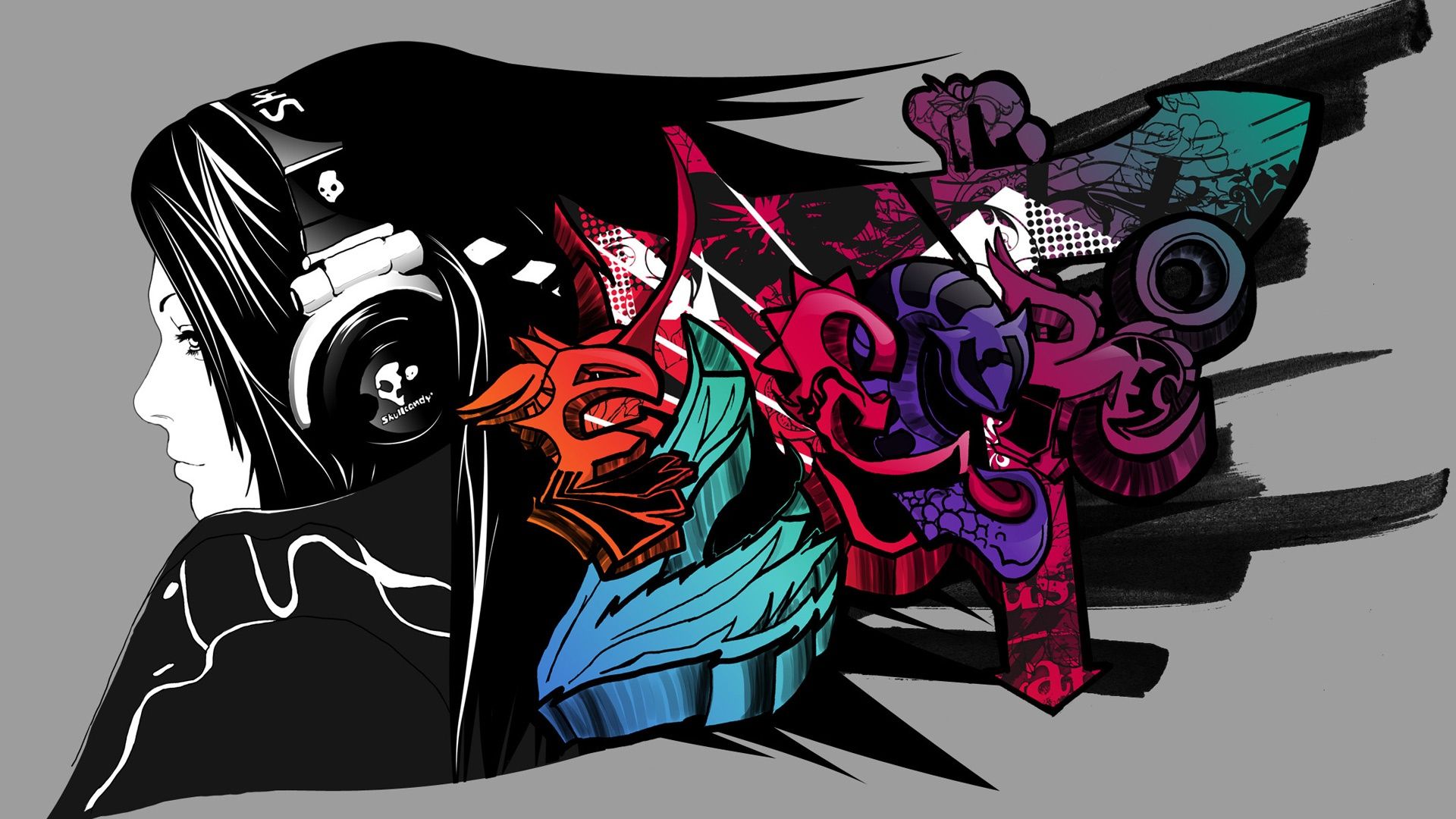 Ragazza DJ con cuffie graffiti, 1920x1080 Full HD, Laptop