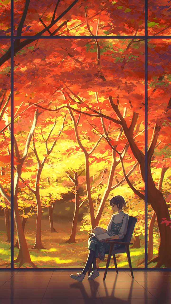 Ragazza anime autunno finestra, 720x1280 Verticale, Telefono