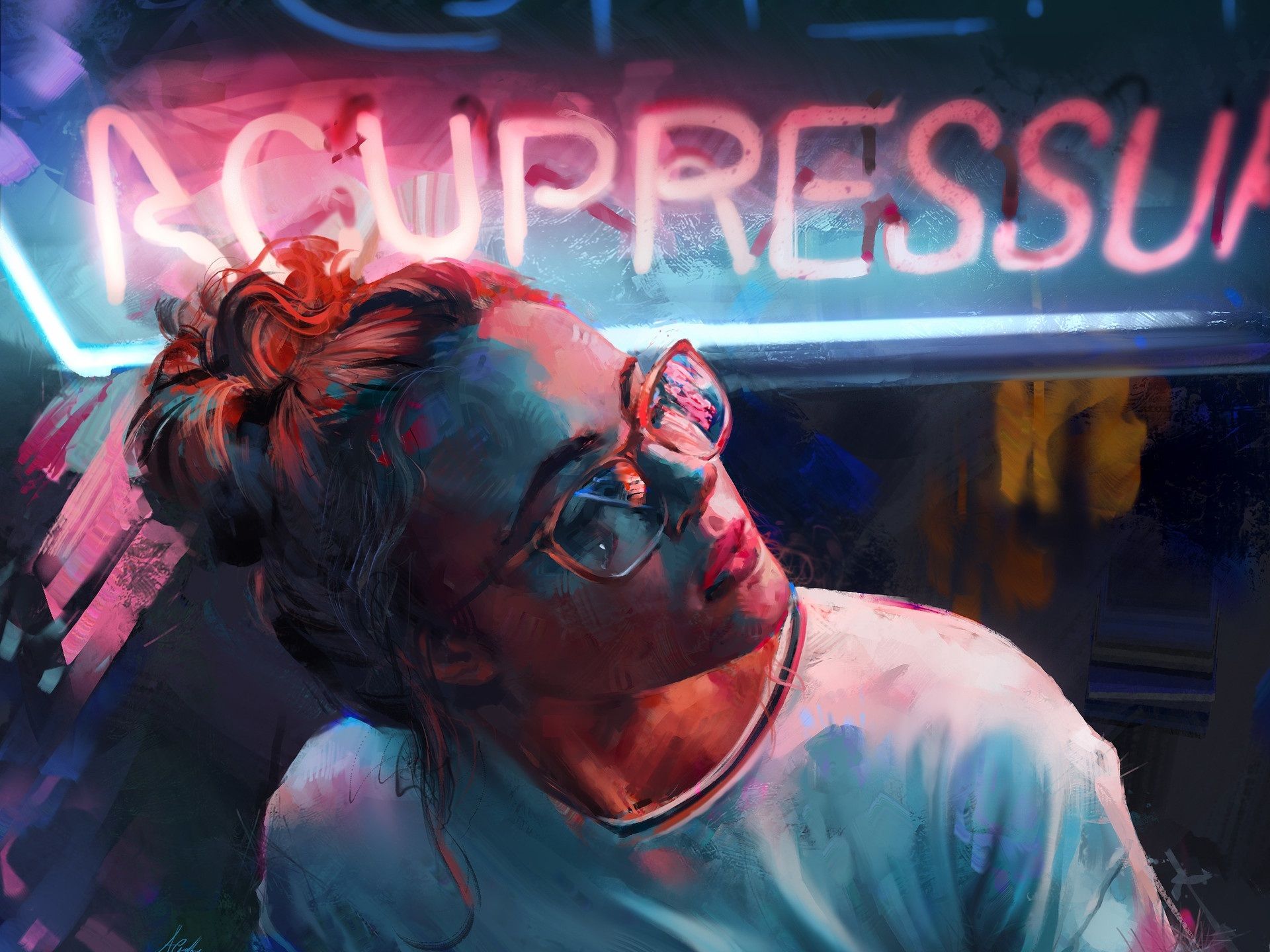 Ragazza con occhiali, insegna neon, 1920x1440 Full HD+ WUXGA, Desktop