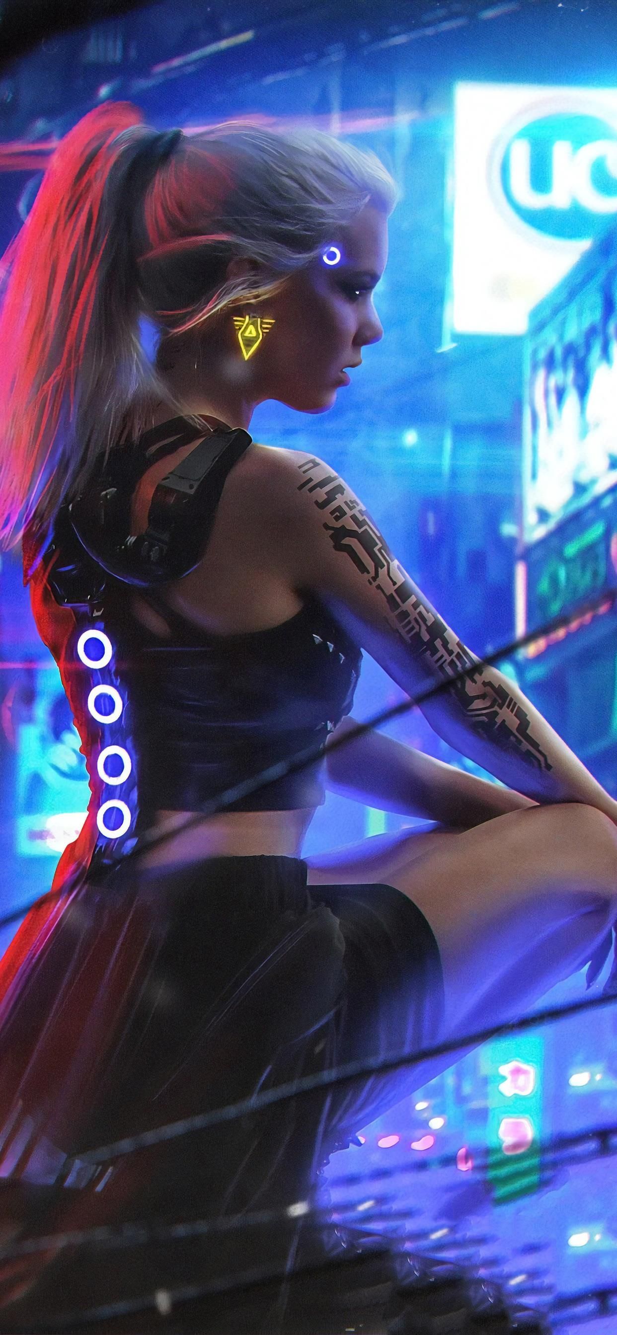 Ragazza cyberpunk neon città, 1242x2688 Full HD Verticale, iPhone