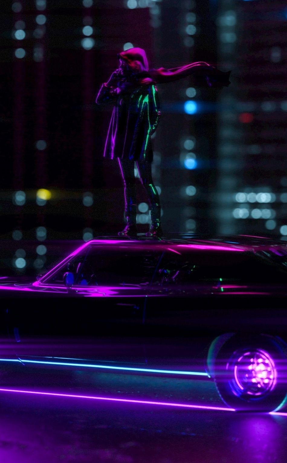 Ragazza su auto neon città, 950x1534 Verticale, Mobile