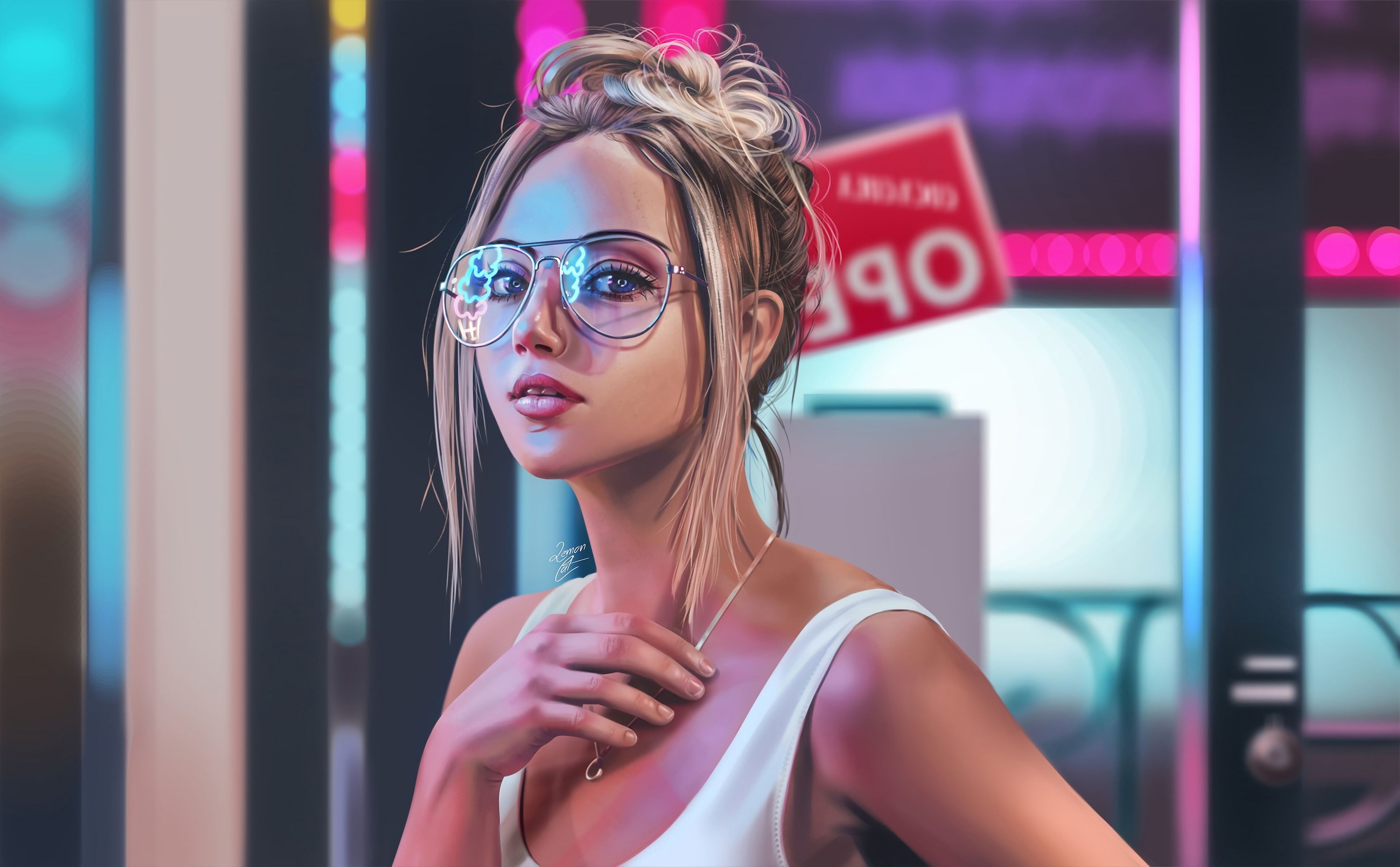 Ragazza bionda con occhiali neon, 3840x2378 UHD, PC 4K