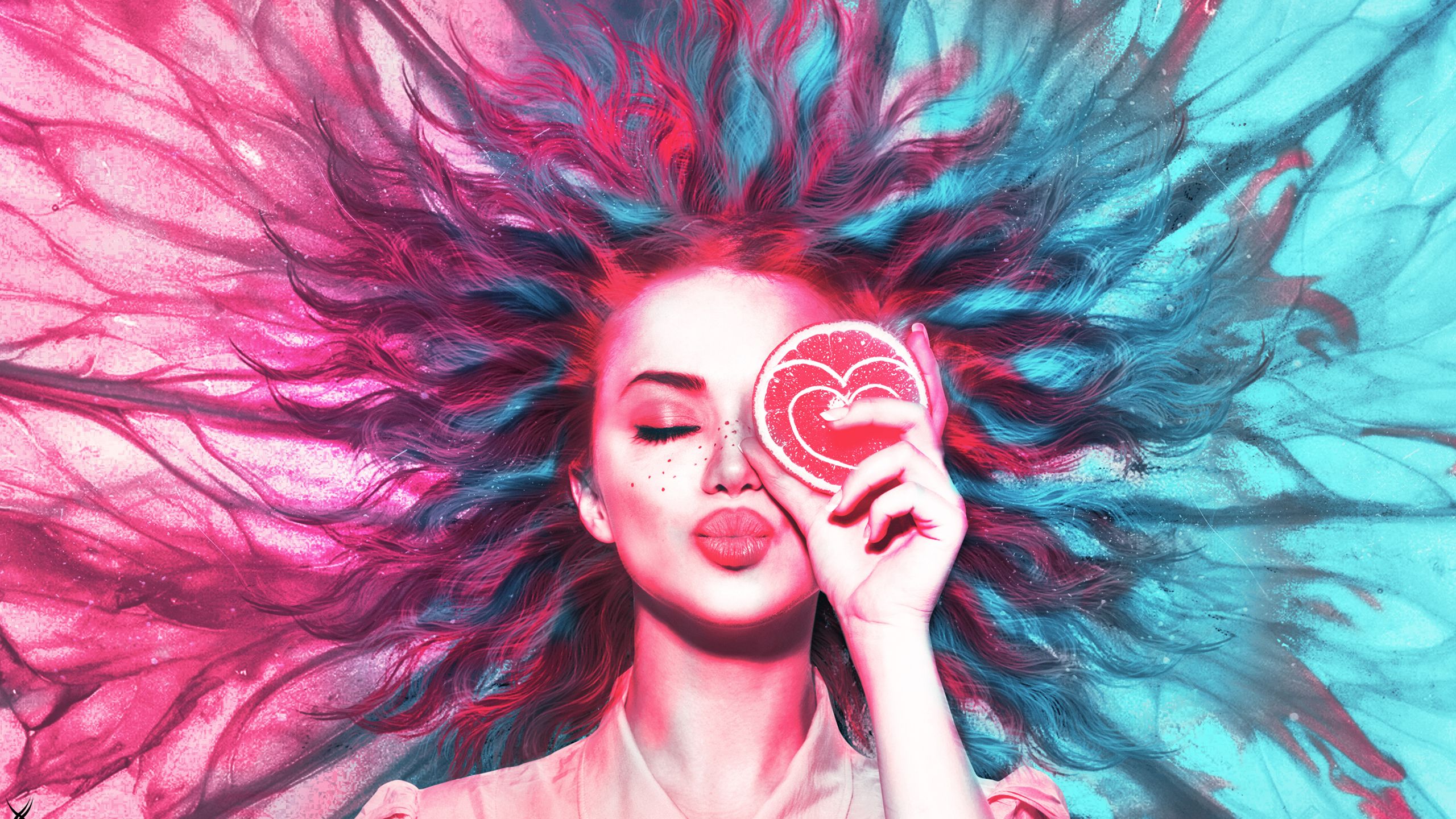 Ragazza capelli neon rosa blu, 2560x1440 2K, Desktop