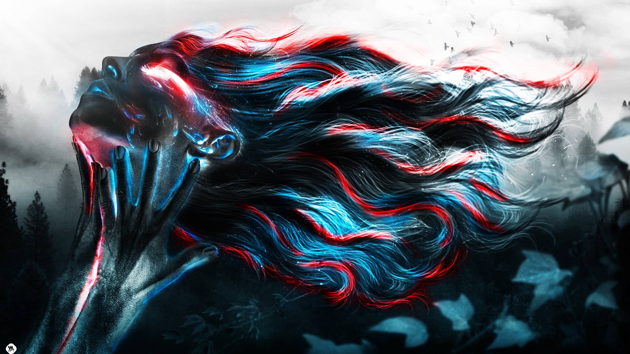 Ragazza capelli fluenti neon, 2560x1440 QHD, Laptop