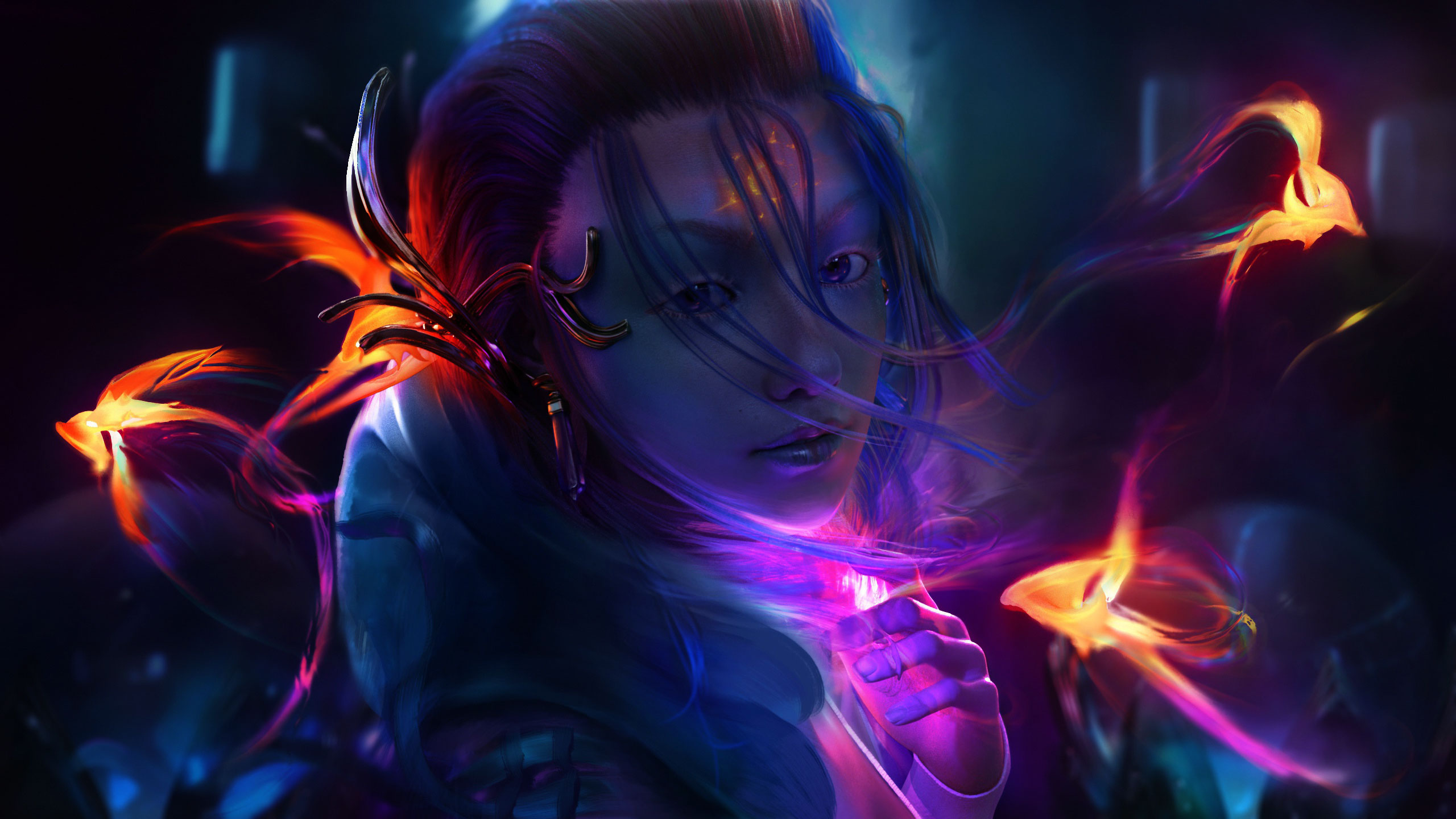 Ragazza fantasy con farfalle luminose, 2560x1440 2K QHD, PC