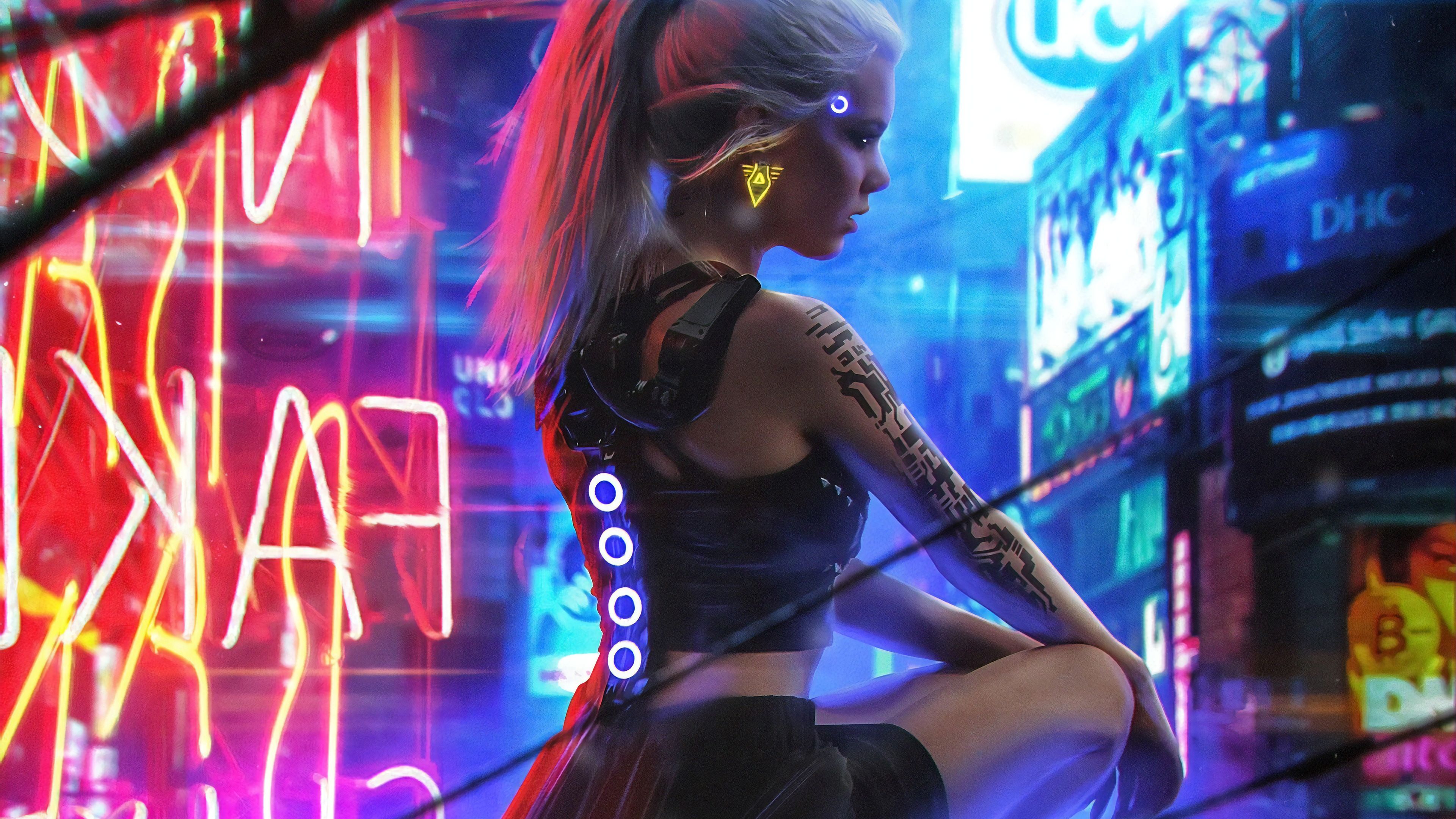 Ragazza cyberpunk luci neon, 3840x2160 4K, Desktop 4K