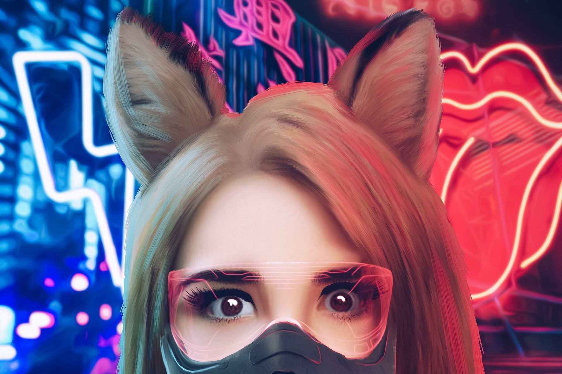 Ragazza con orecchie da coniglio neon, 1920x1280 Full HD+, PC Desktop