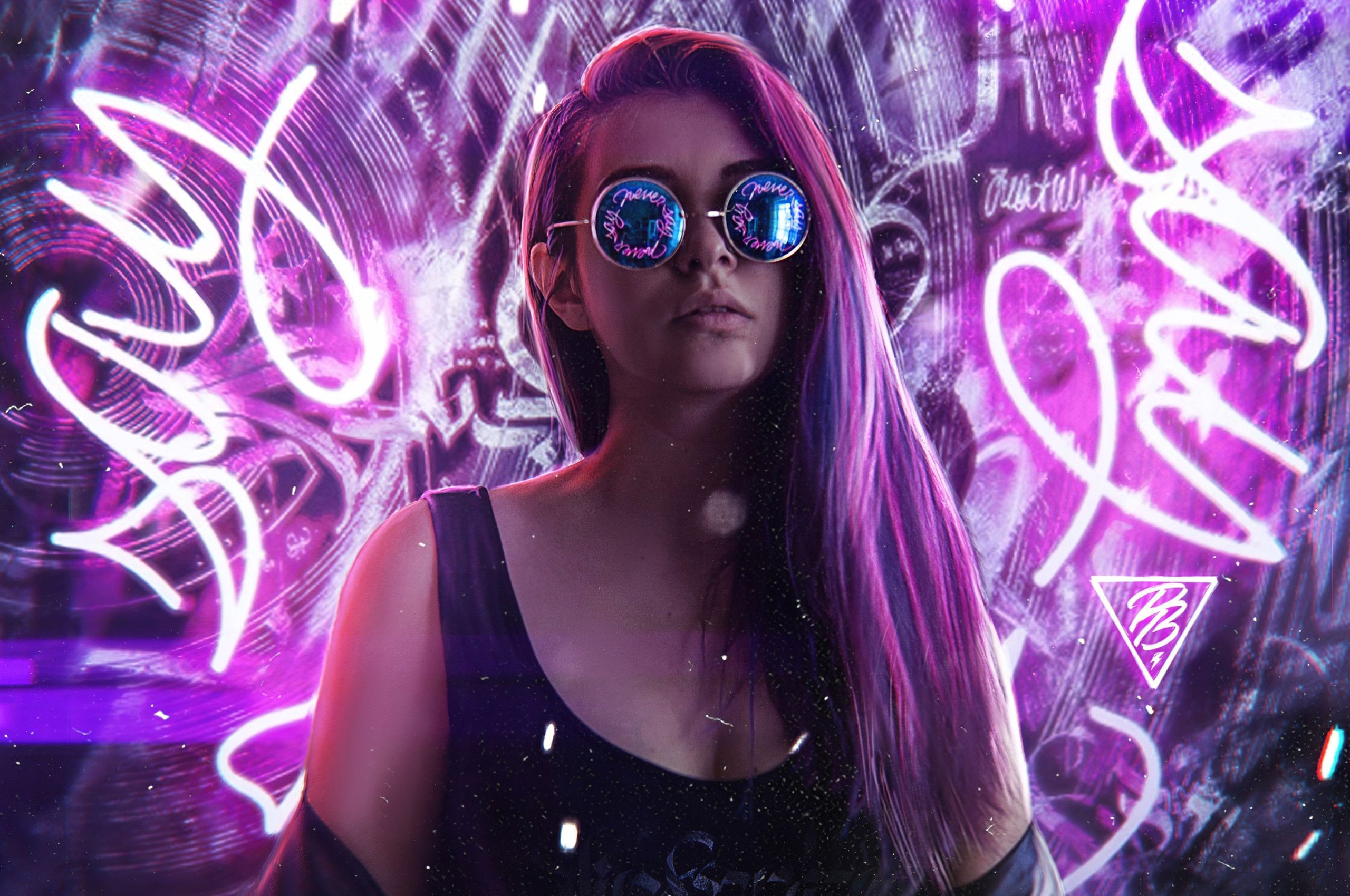Ragazza con occhiali luci neon, 2560x1700 2K, PC