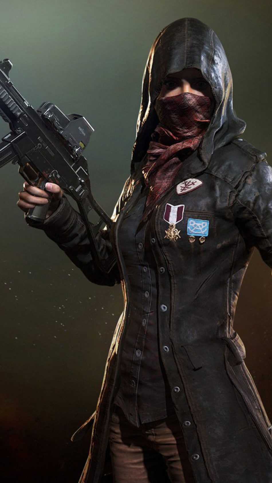 Ragazza PUBG con maschera e fucile, battle royale, 950x1689 Verticale, Telefono