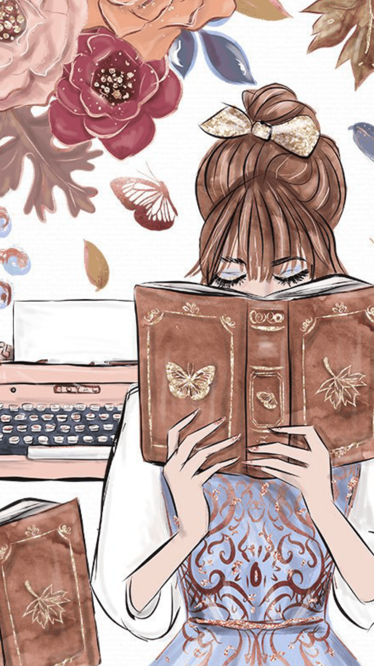 Ragazza con libro e fiori, 1242x2208 Verticale, Telefono