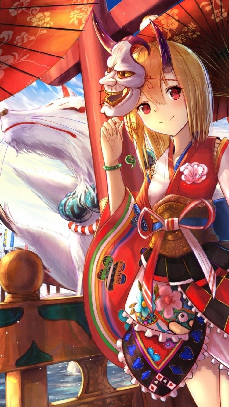Ragazza kimono maschera volpe, 750x1334 Verticale, Telefono
