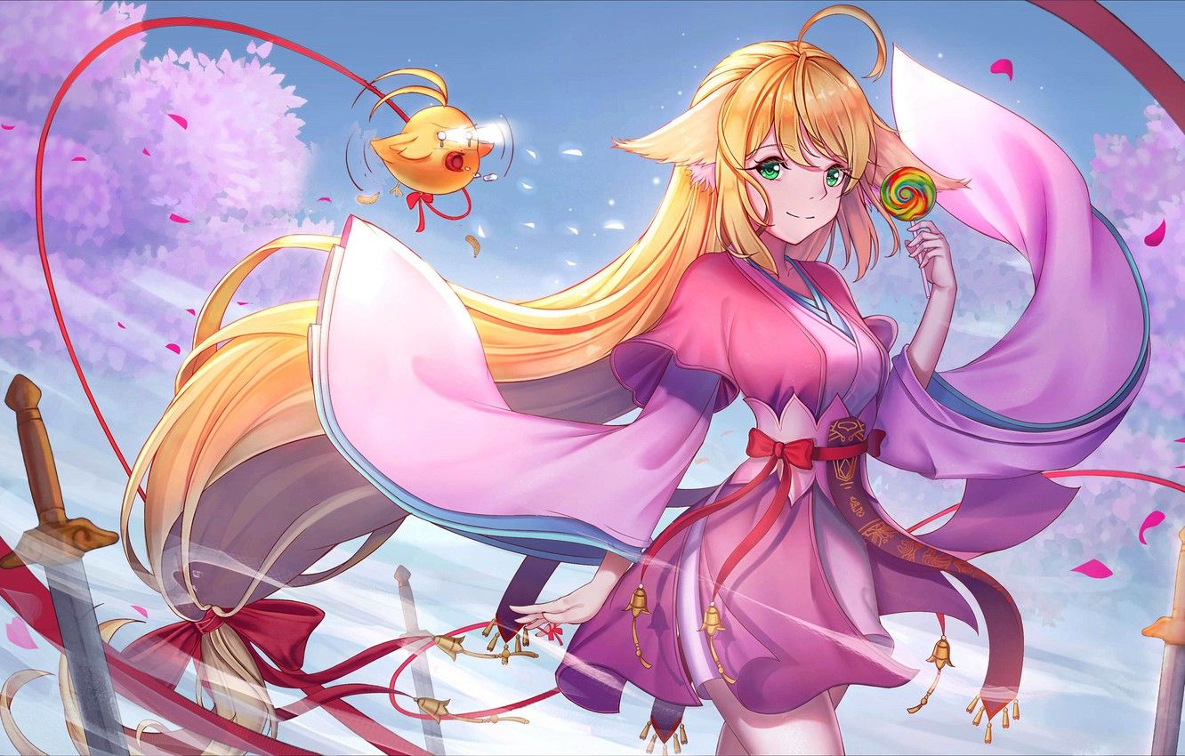 Ragazza volpe anime kimono rosa, 1332x850 720p, Laptop