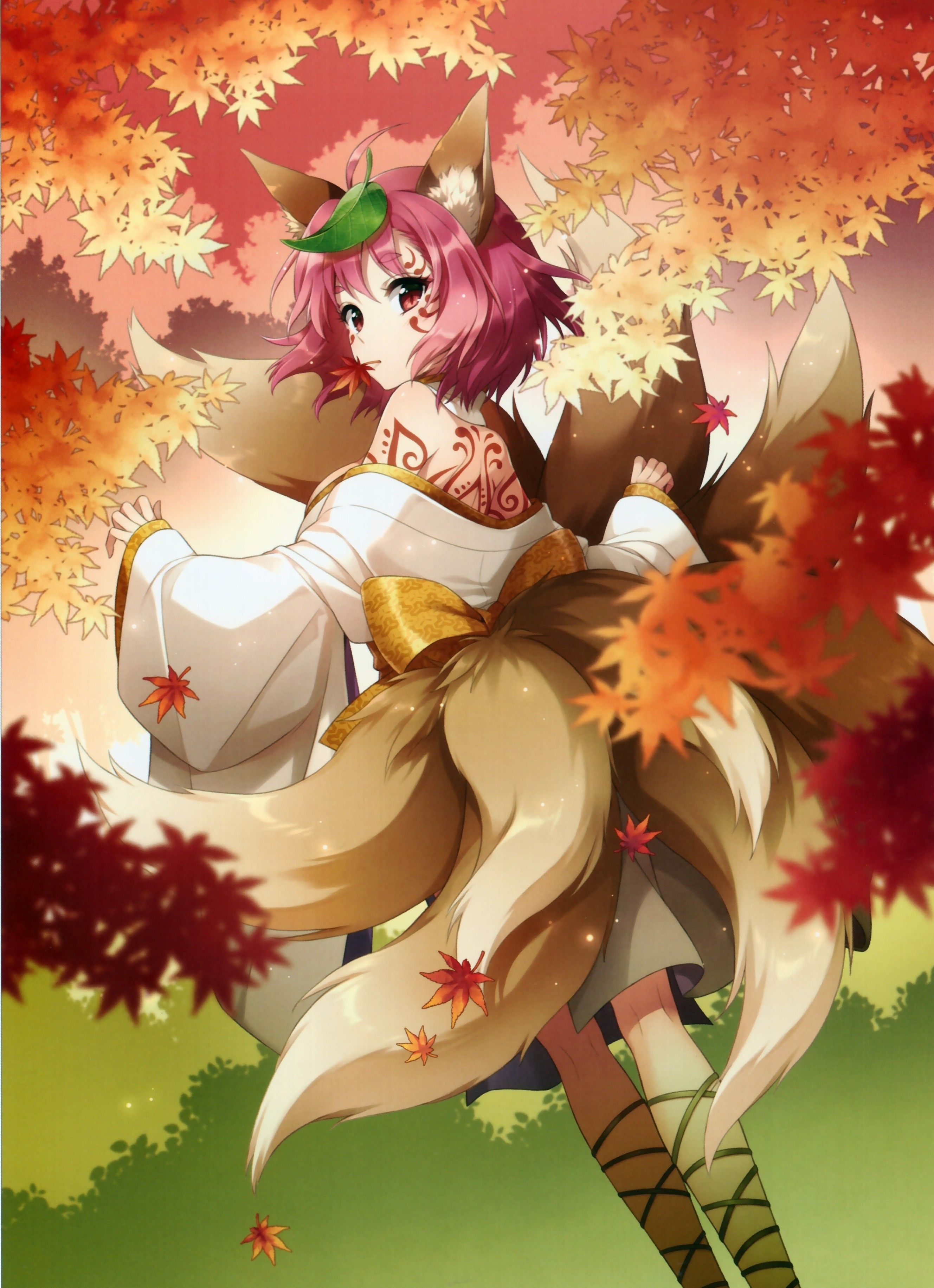 Ragazza kitsune capelli rosa foglie autunno, 2657x3666 Full HD Verticale, Smartphone