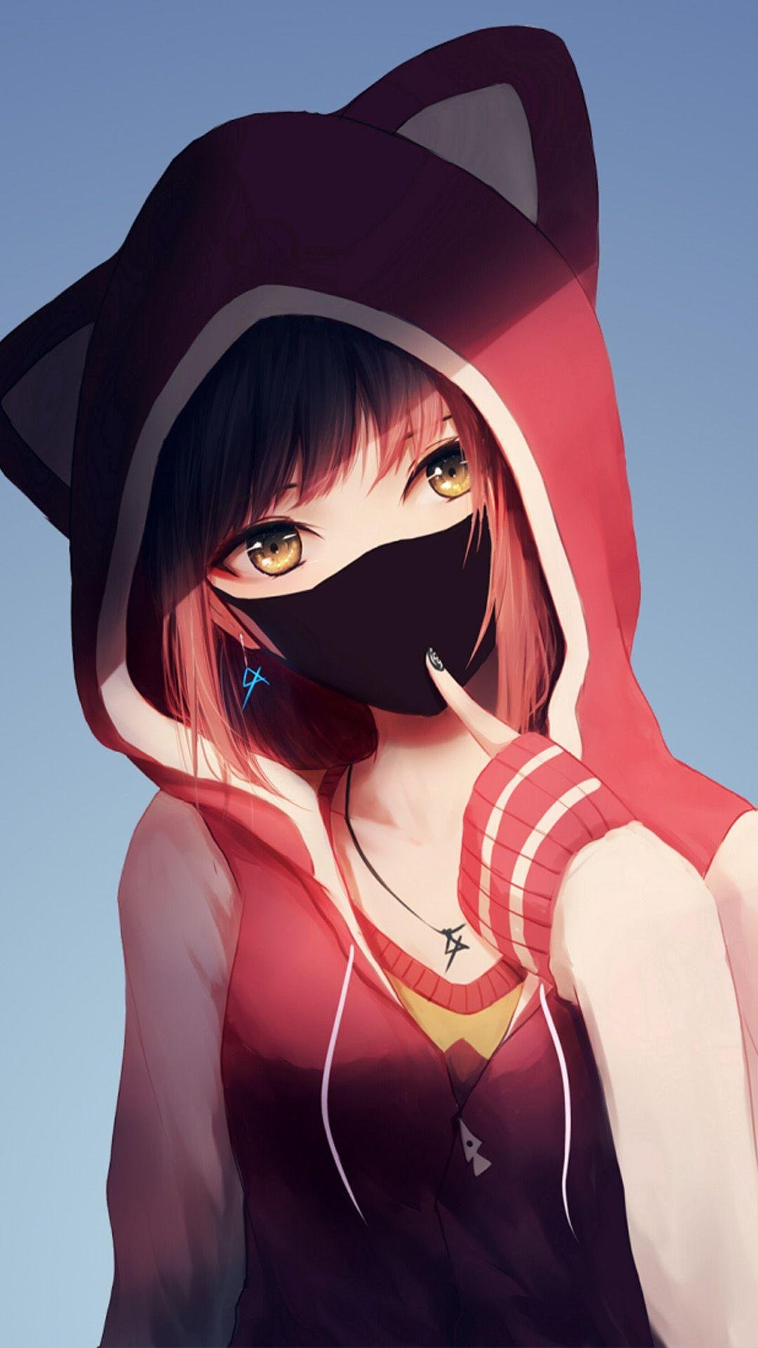Ragazza anime con cappuccio gatto, 1080x1920 Verticale, Mobile