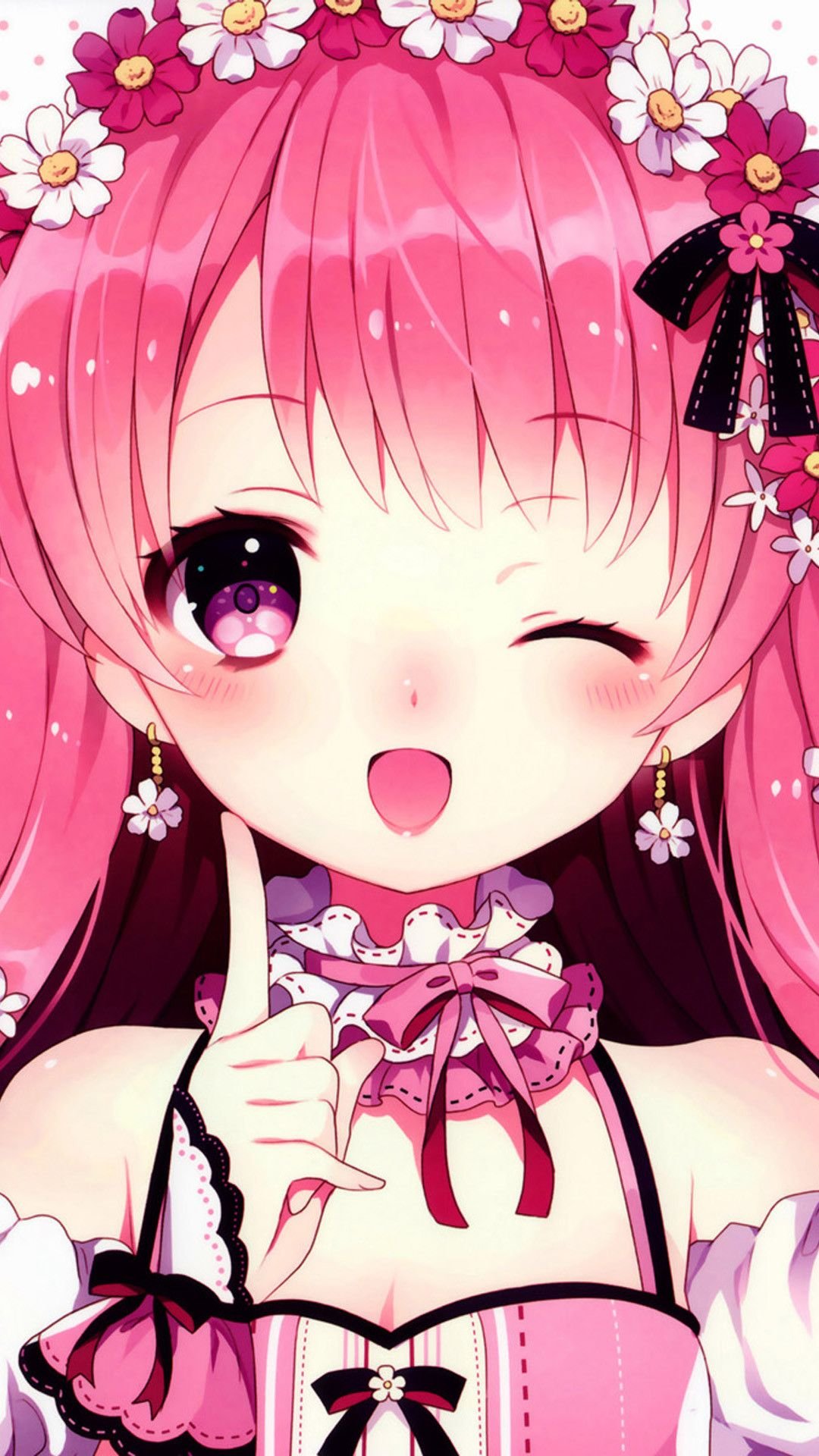 Ragazza anime capelli rosa fiori, 1080x1920 Verticale, Telefono