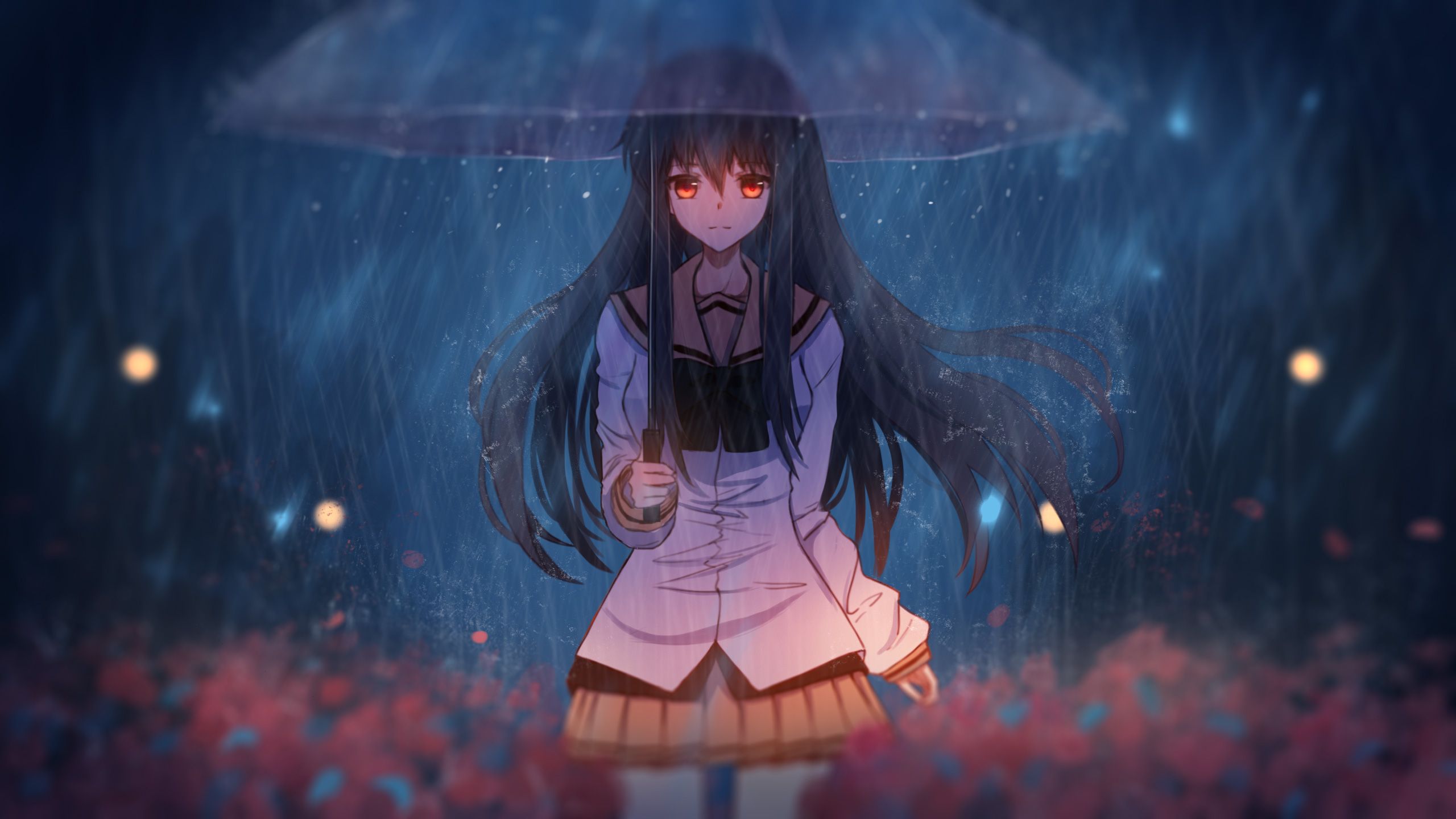 Ragazza anime con ombrello sotto pioggia, 2560x1440 2K, Desktop