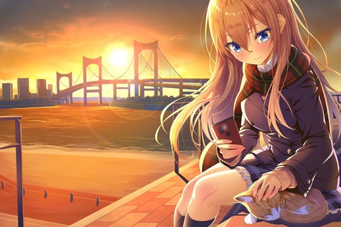 Ragazza anime al tramonto, ponte, 1176x782 HD, PC