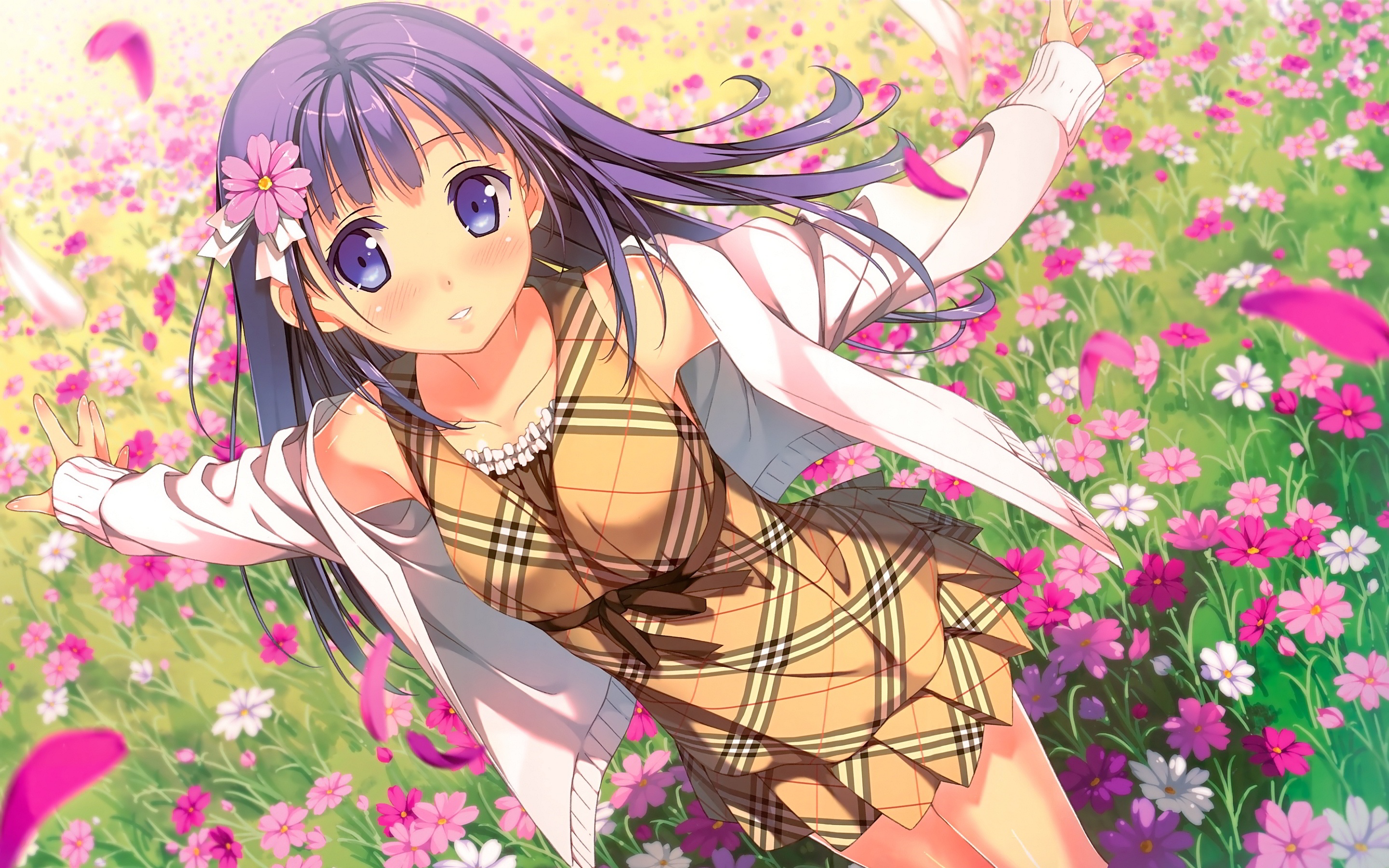 Ragazza anime capelli viola fiori, 2880x1800 2K+, PC