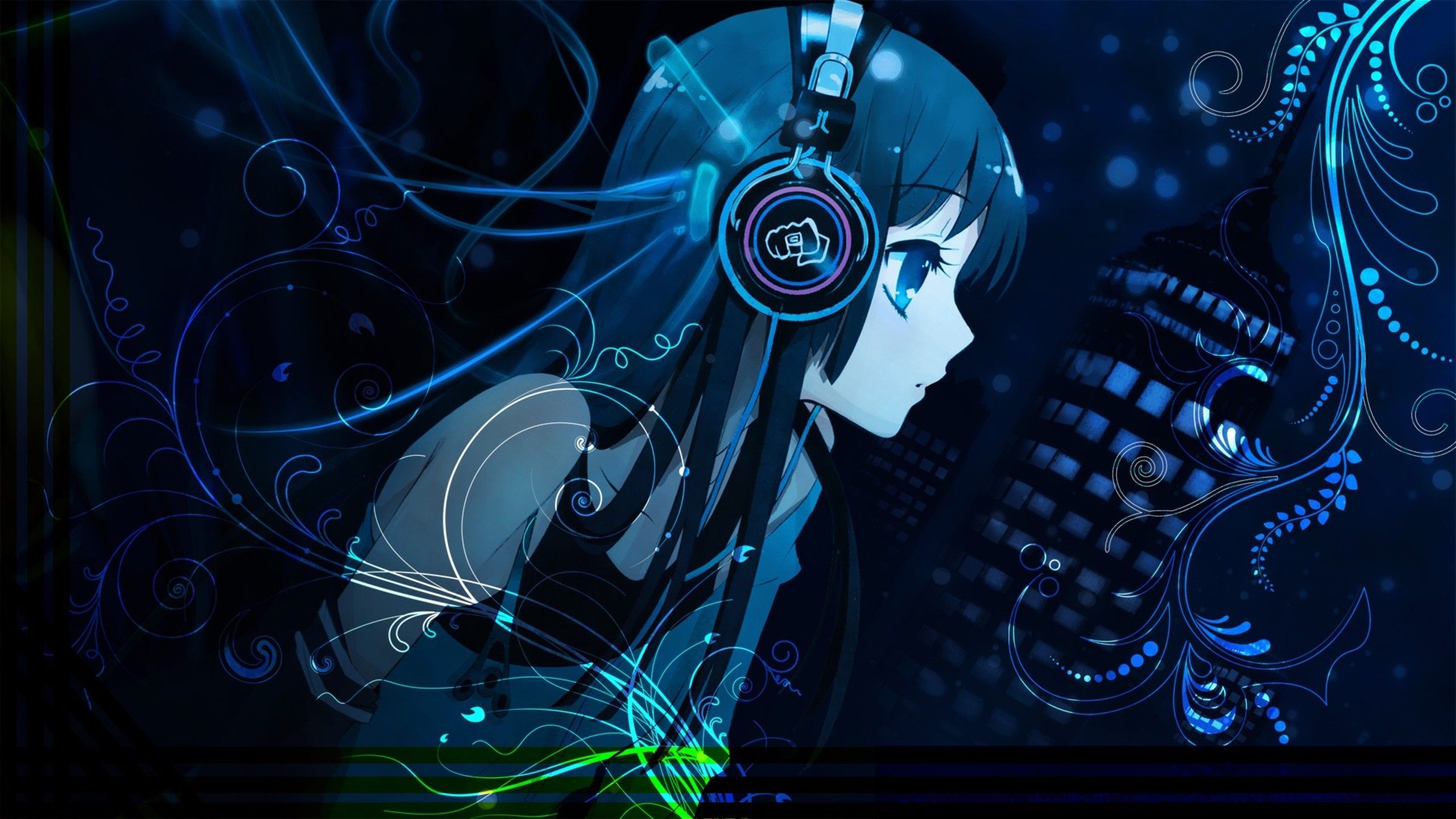 Ragazza anime con cuffie blu, 2560x1440 QHD, Laptop