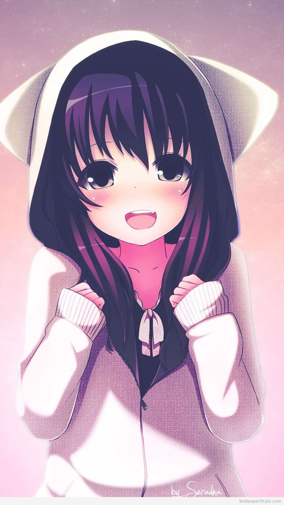 Ragazza anime capelli neri felice, 1080x1920 Verticale, Telefono