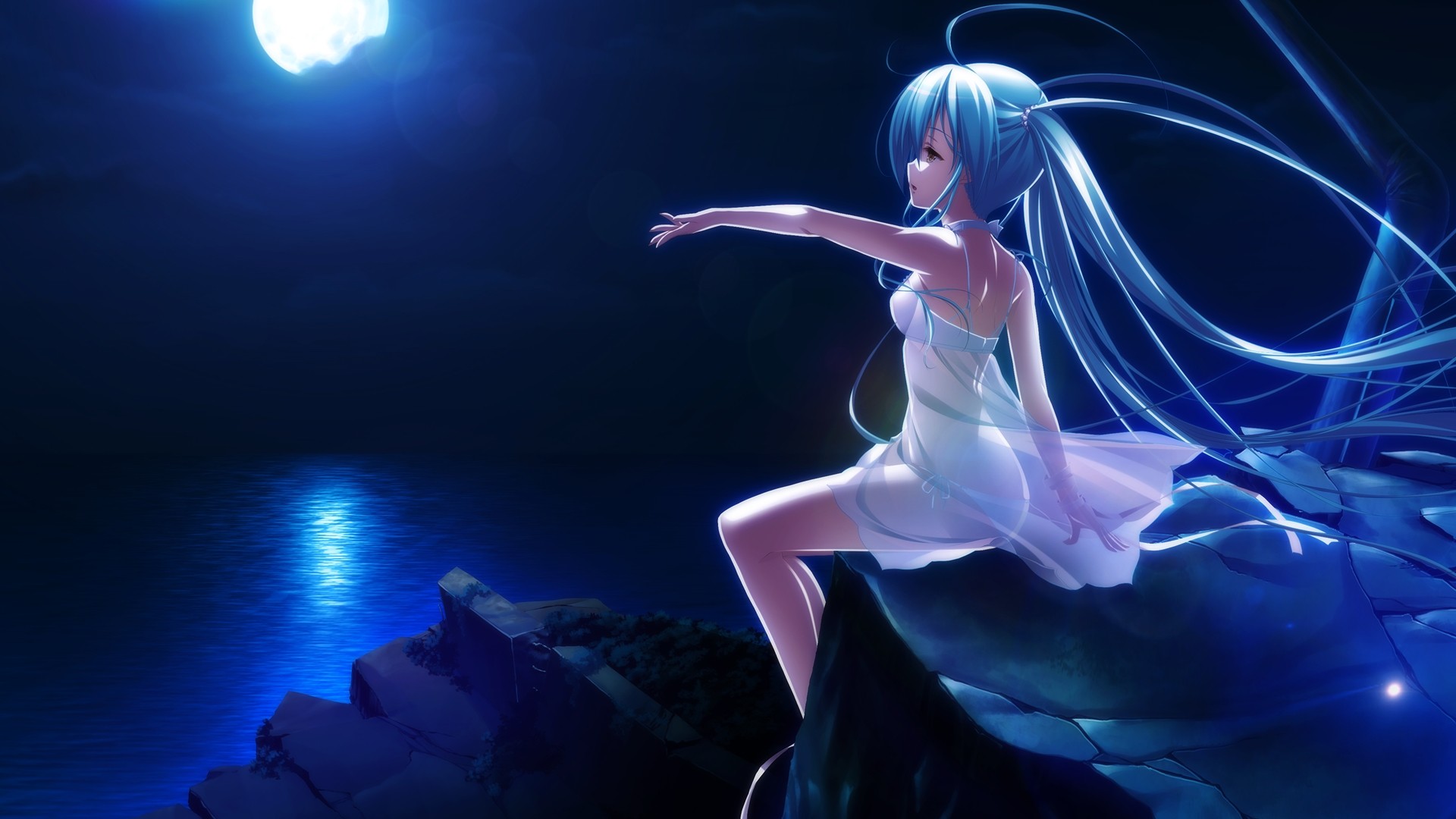 Ragazza anime capelli blu, notte, 1920x1080 1080p, PC
