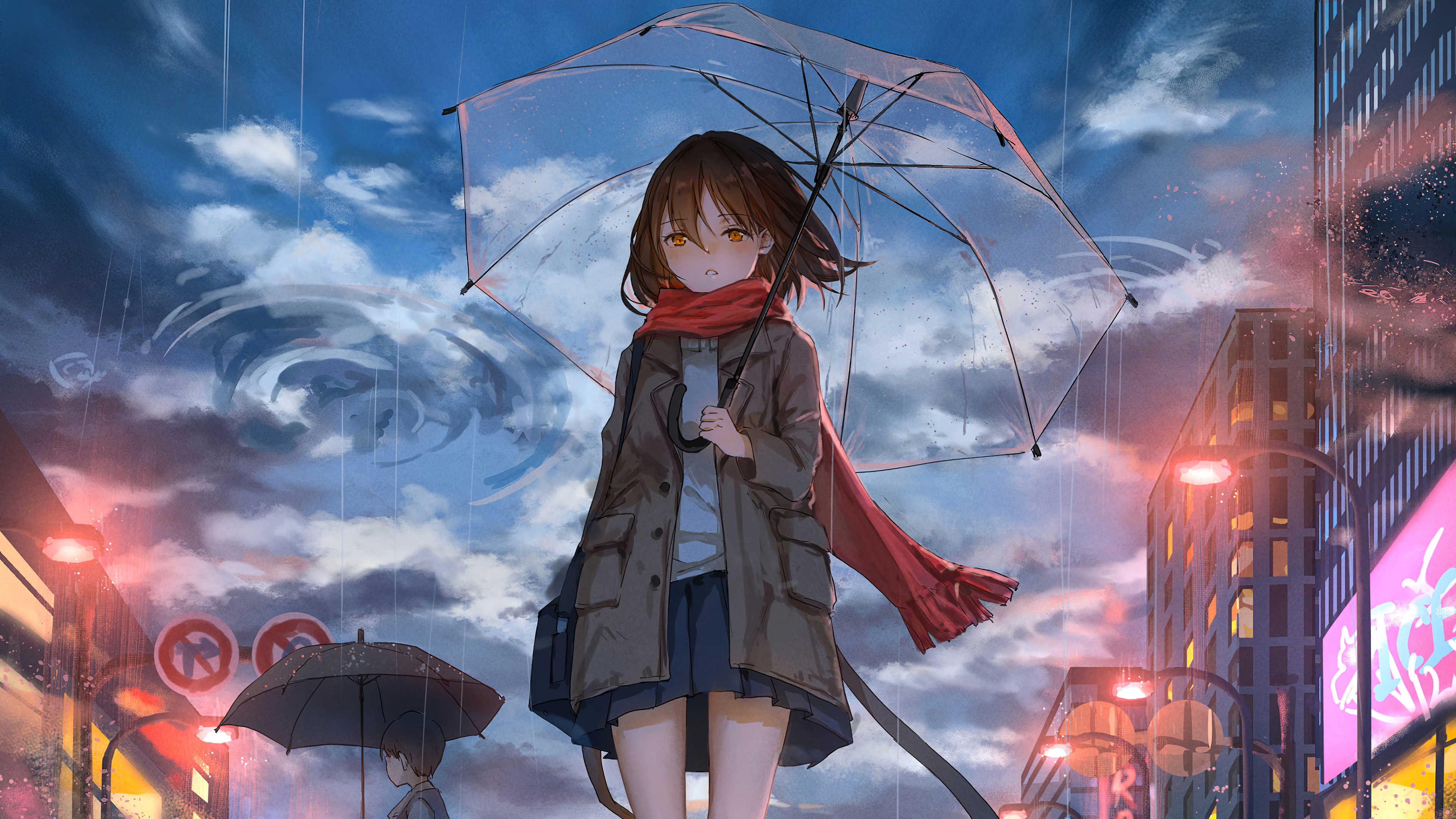Ragazza anime con ombrello sotto pioggia, 3840x2160 Ultra HD, 4K TV