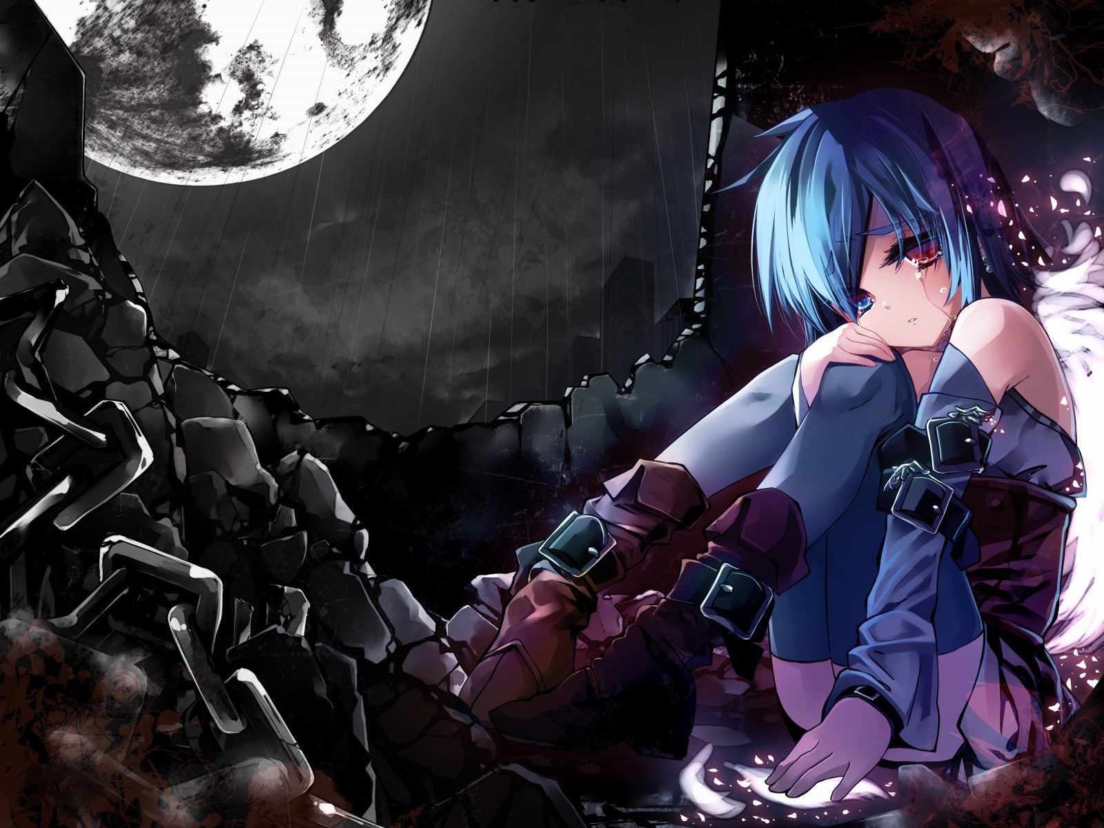 Ragazza anime capelli blu, luna, 1600x1200 HD Ready, Desktop