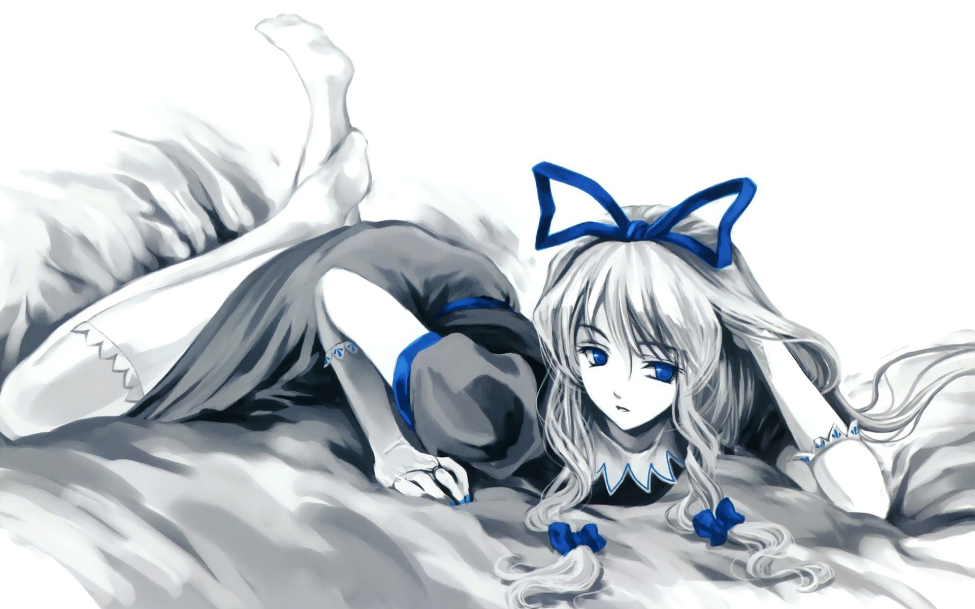 Ragazza anime capelli bianchi fiocco blu, 1920x1200 Full HD+ WUXGA, Laptop
